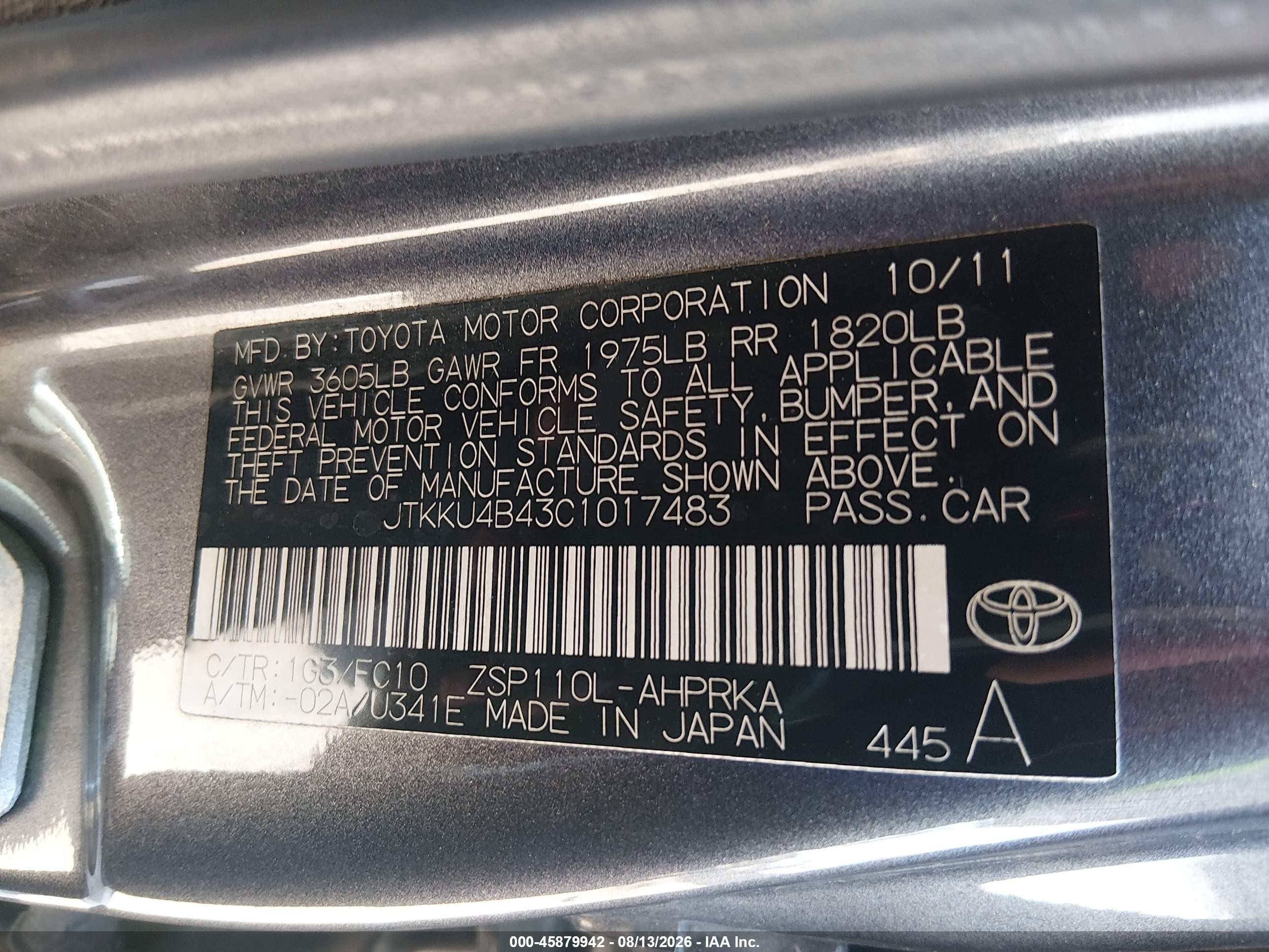 2012 Scion Xd VIN JTKKU4B43C1017483 IAAI salvage auction — Normal Wear, Clear - Dealer Only (California), sold $700 on 2026-09-08 (photo 9)