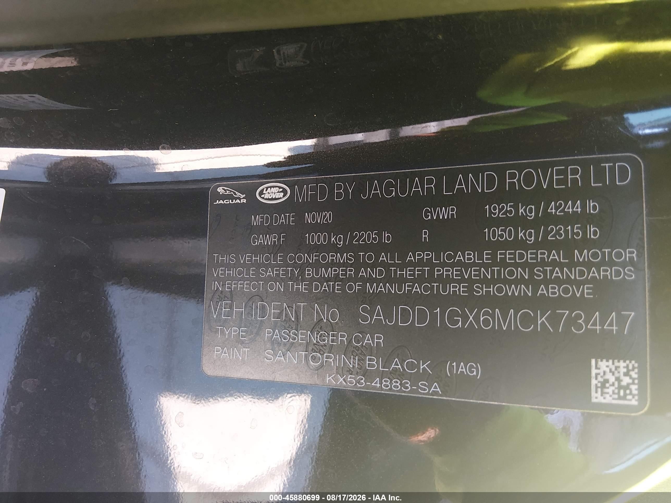 2021 Jaguar F-Type VIN SAJDD1GX6MCK73447 IAAI salvage auction — Water/Flood, Salvage (Texas), sold $13,400 on 2026-09-16 (photo 9)