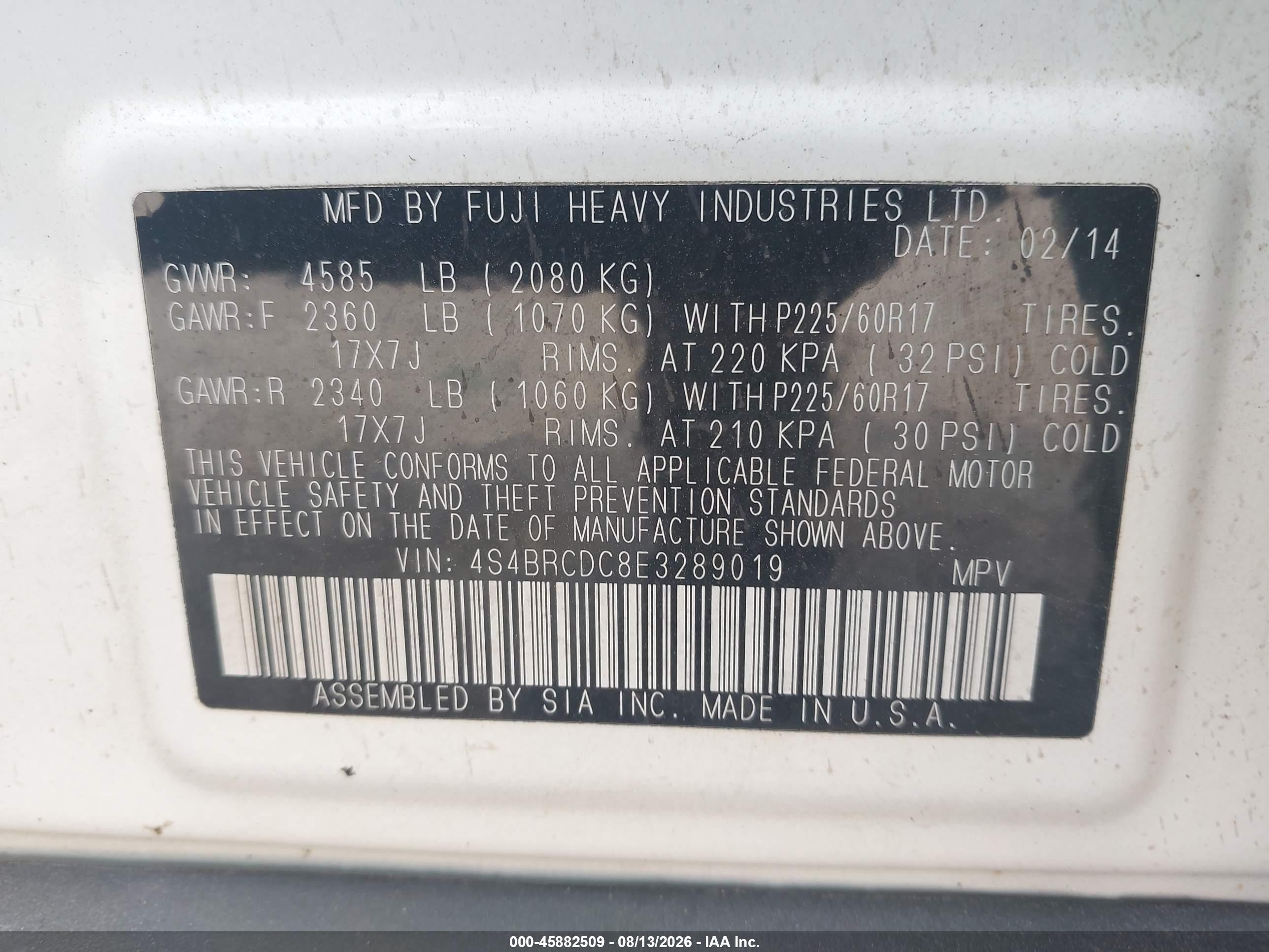 2014 Subaru Outback VIN 4S4BRCDC8E3289019 IAAI salvage auction — Hail, Junk Bill Of Sale Mv2459 (Wisconsin), sold $975 on 2026-10-04 (photo 9)