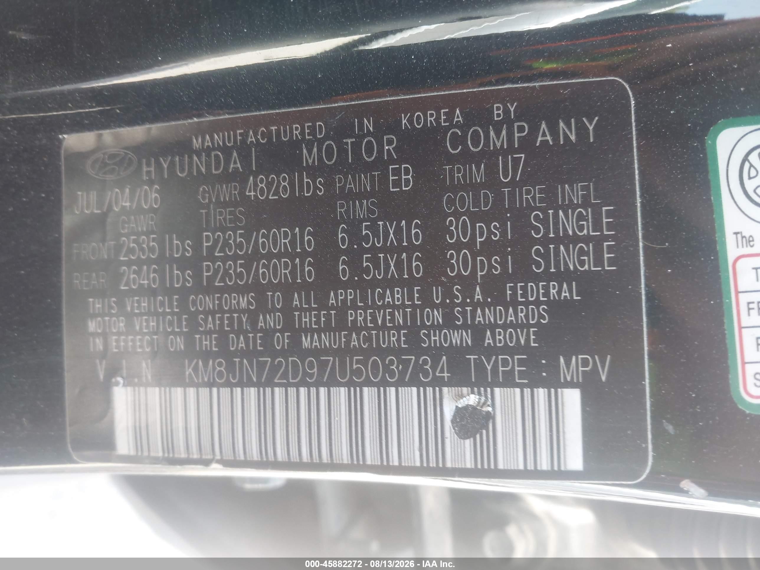 2007 Hyundai Tucson VIN KM8JN72D97U503734 IAAI salvage auction — Normal Wear, Clear (Kansas), sold $675 on 2026-08-26 (photo 9)