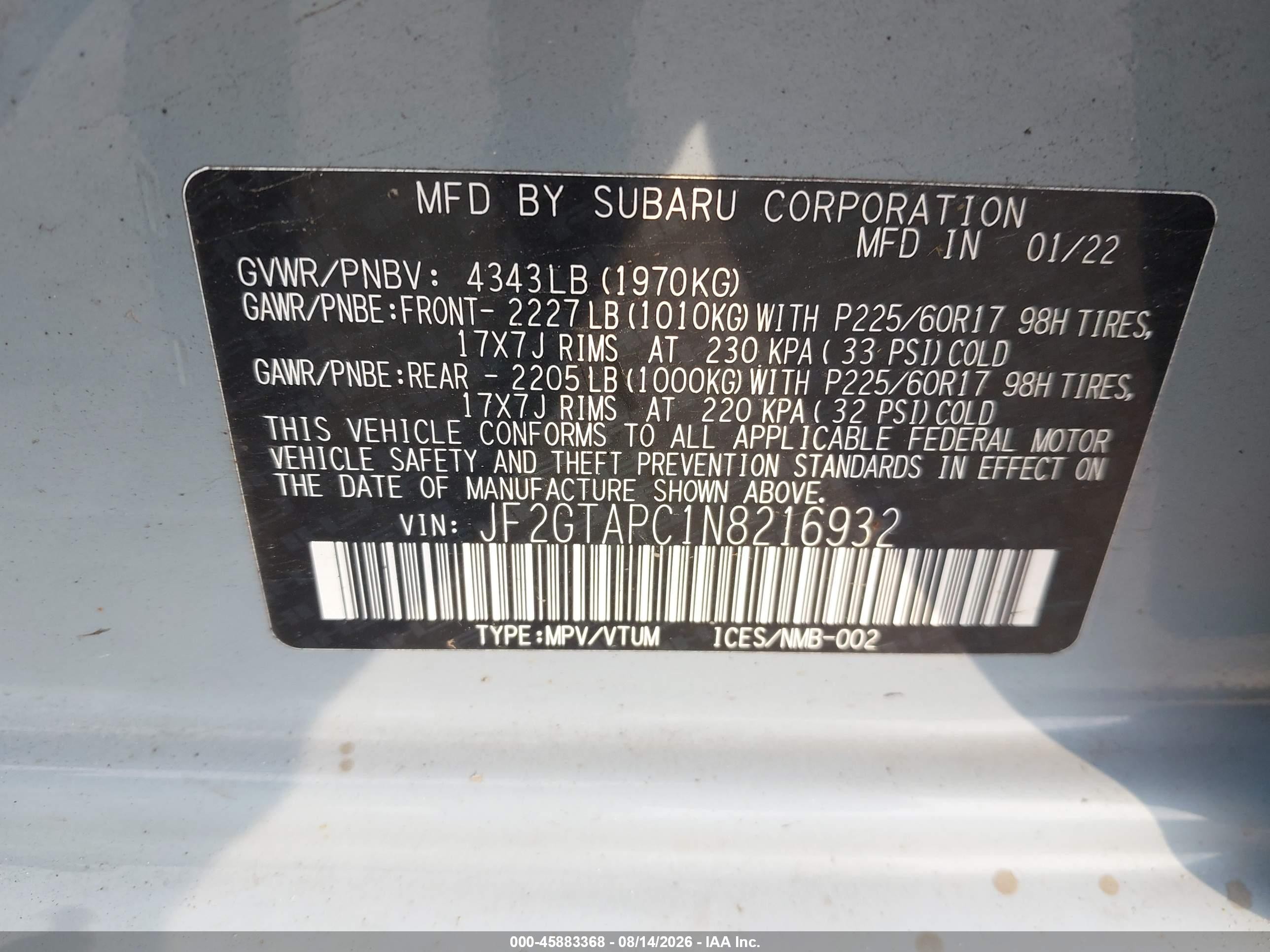 2022 Subaru Xv VIN JF2GTAPC1N8216932 IAAI salvage auction — Unknown, Salvage (Pennsylvania), sold $2,850 on 2026-09-23 (photo 9)