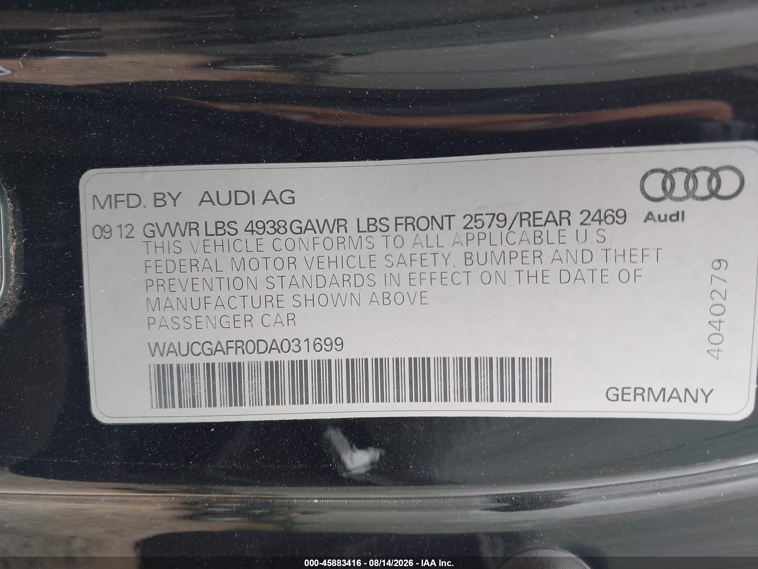2013 Audi S5 VIN WAUCGAFR0DA031699 IAAI salvage auction — Front End, Clear (Wisconsin), sold $3,200 on 2026-09-09 (photo 9)