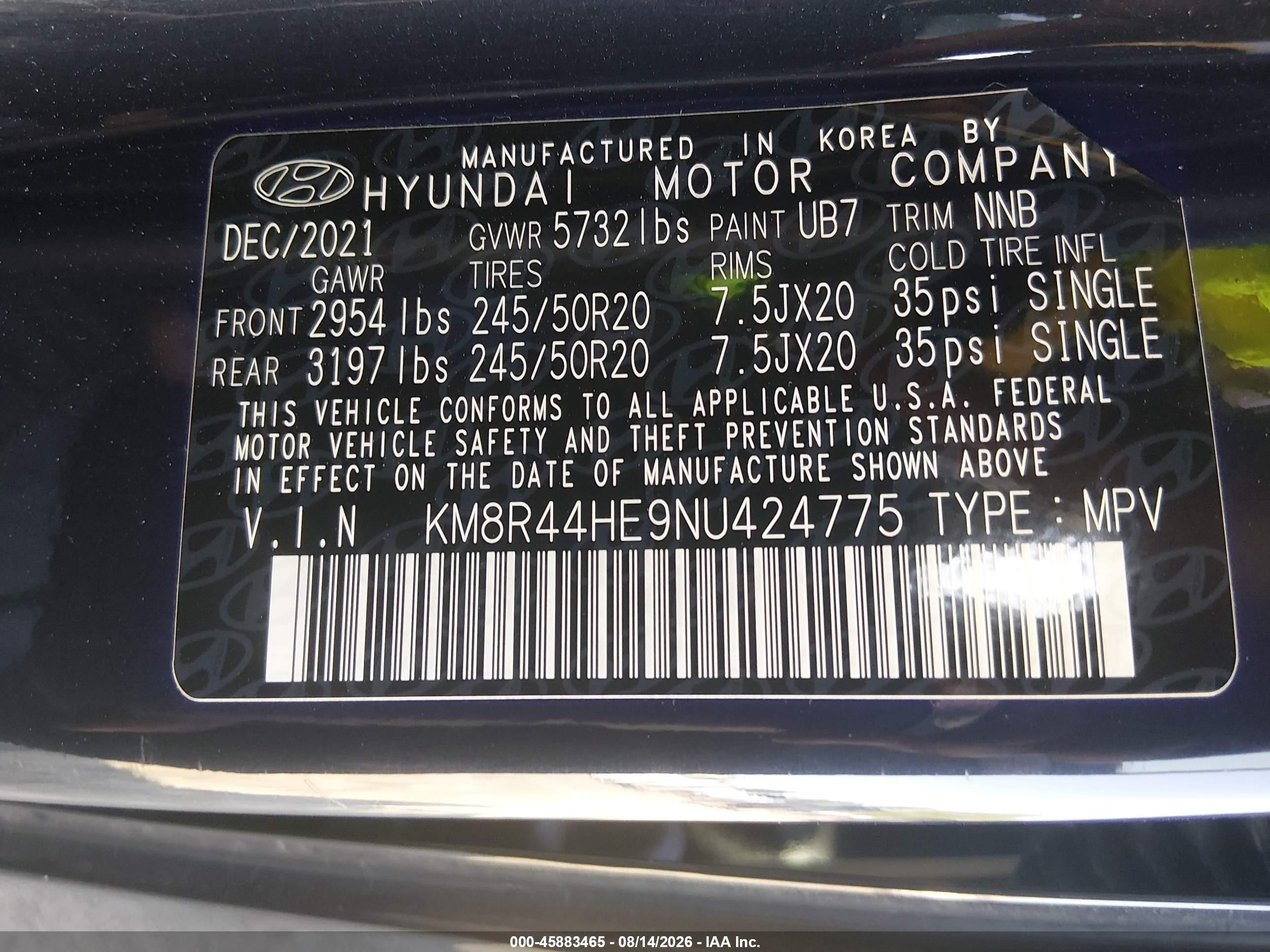 2022 Hyundai Palisade VIN KM8R44HE9NU424775 IAAI salvage auction — Rear End, Salvage (Georgia), sold $8,700 on 2026-09-08 (photo 9)