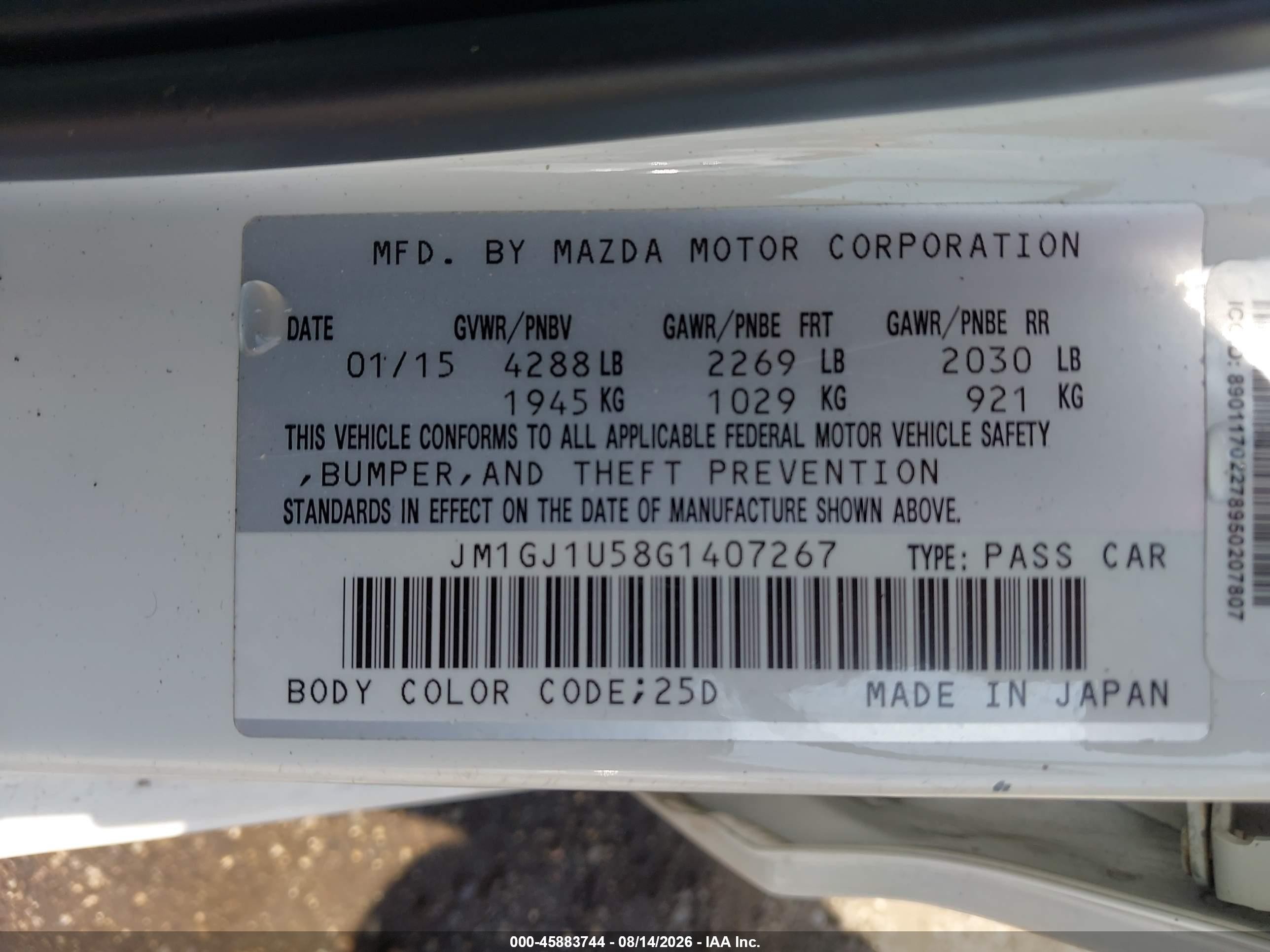 2016 Mazda 6 VIN JM1GJ1U58G1407267 IAAI salvage auction — Side, Salvage (South Carolina), sold $1,150 on 2026-09-09 (photo 9)