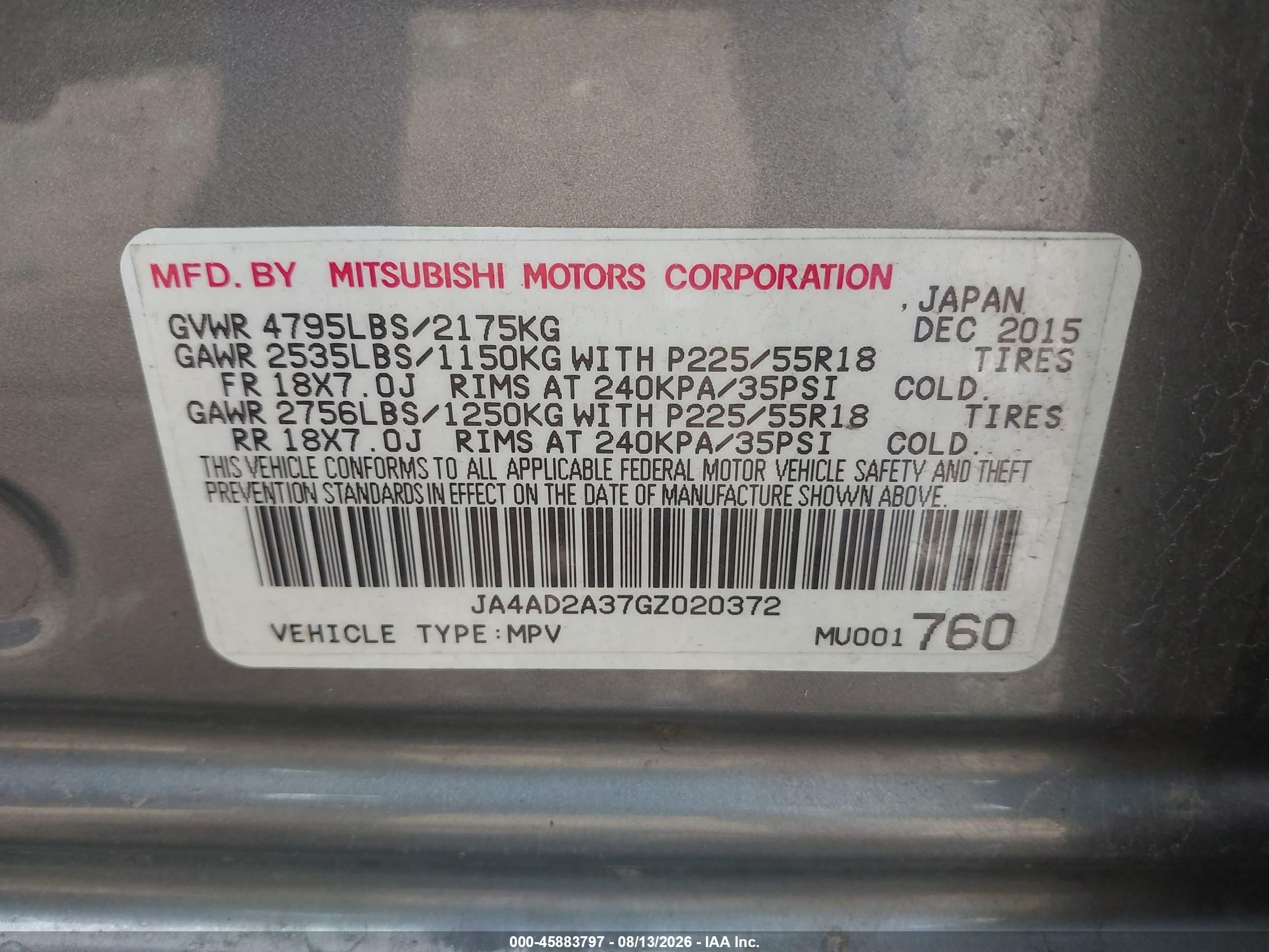 2016 Mitsubishi Outlander VIN JA4AD2A37GZ020372 IAAI salvage auction — Front End, Clear (Indiana), sold $2,250 on 2026-09-09 (photo 9)