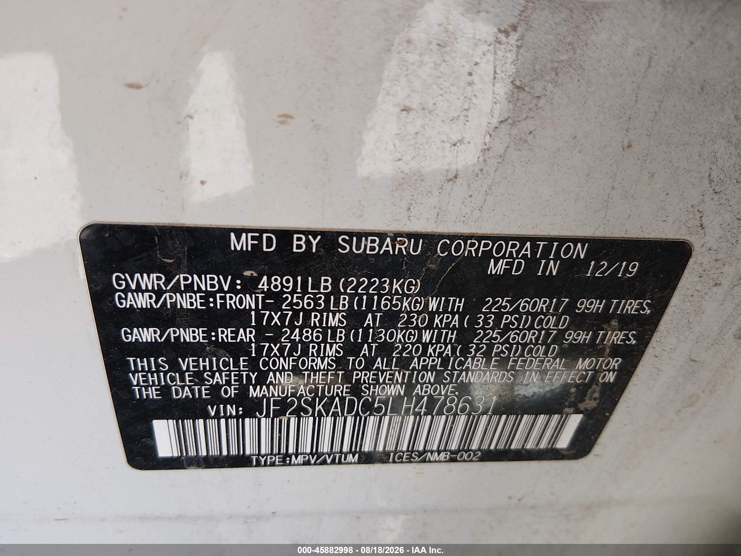 2020 Subaru Forester VIN JF2SKADC5LH478631 IAAI salvage auction — Rear End, Original (Texas), sold $7,100 on 2026-09-14 (photo 9)
