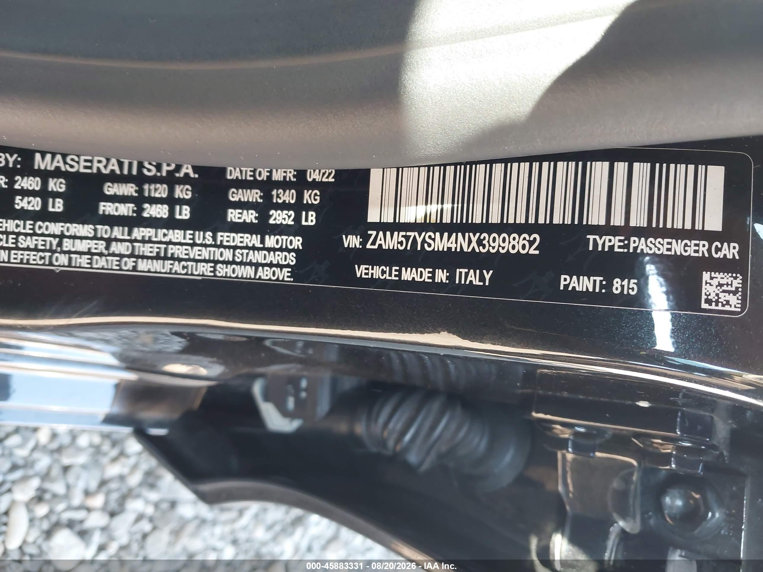 2022 Maserati Ghibli VIN ZAM57YSM4NX399862 IAAI salvage auction — Side, Mv-907A (New York), sold $7,850 on 2026-09-08 (photo 9)