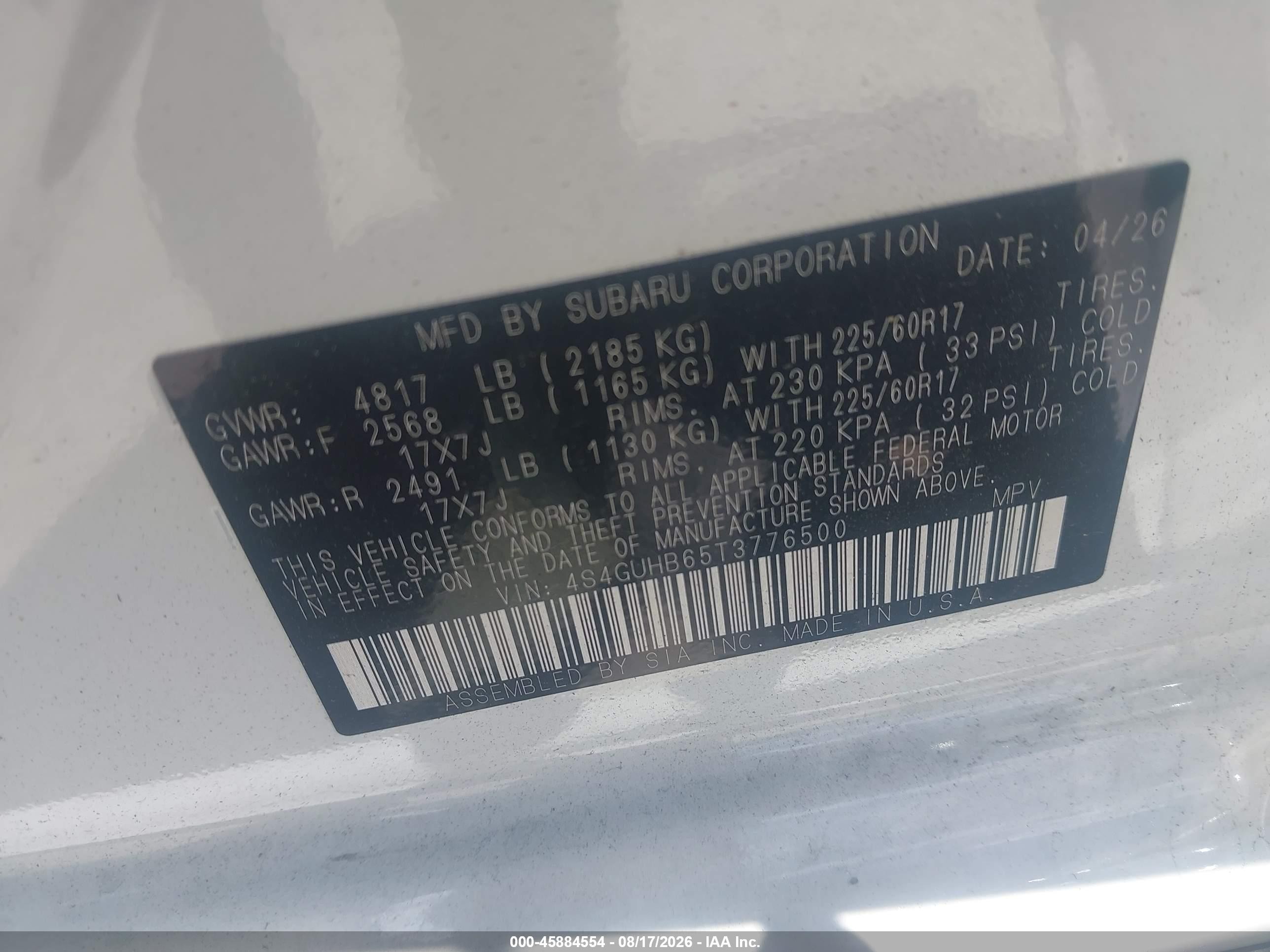 2026 Subaru Xv VIN 4S4GUHB65T3776500 IAAI salvage auction — Front End, Clear Claim Paid (Wisconsin), sold $6,700 on 2026-09-11 (photo 9)