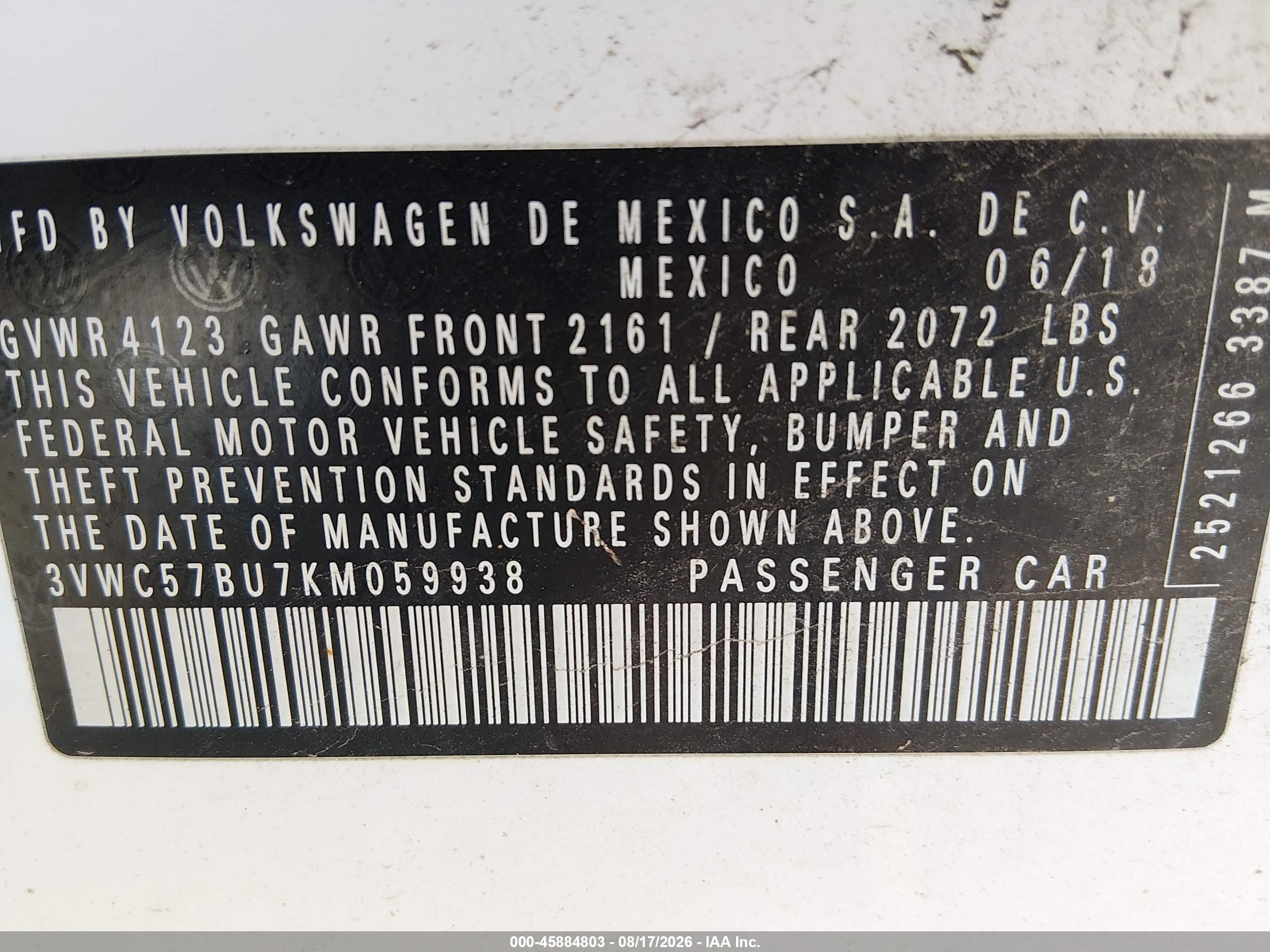 2019 Volkswagen Jetta VIN 3VWC57BU7KM059938 IAAI salvage auction — Rear End, Salvage (Kentucky), sold $3,100 on 2026-10-01 (photo 9)