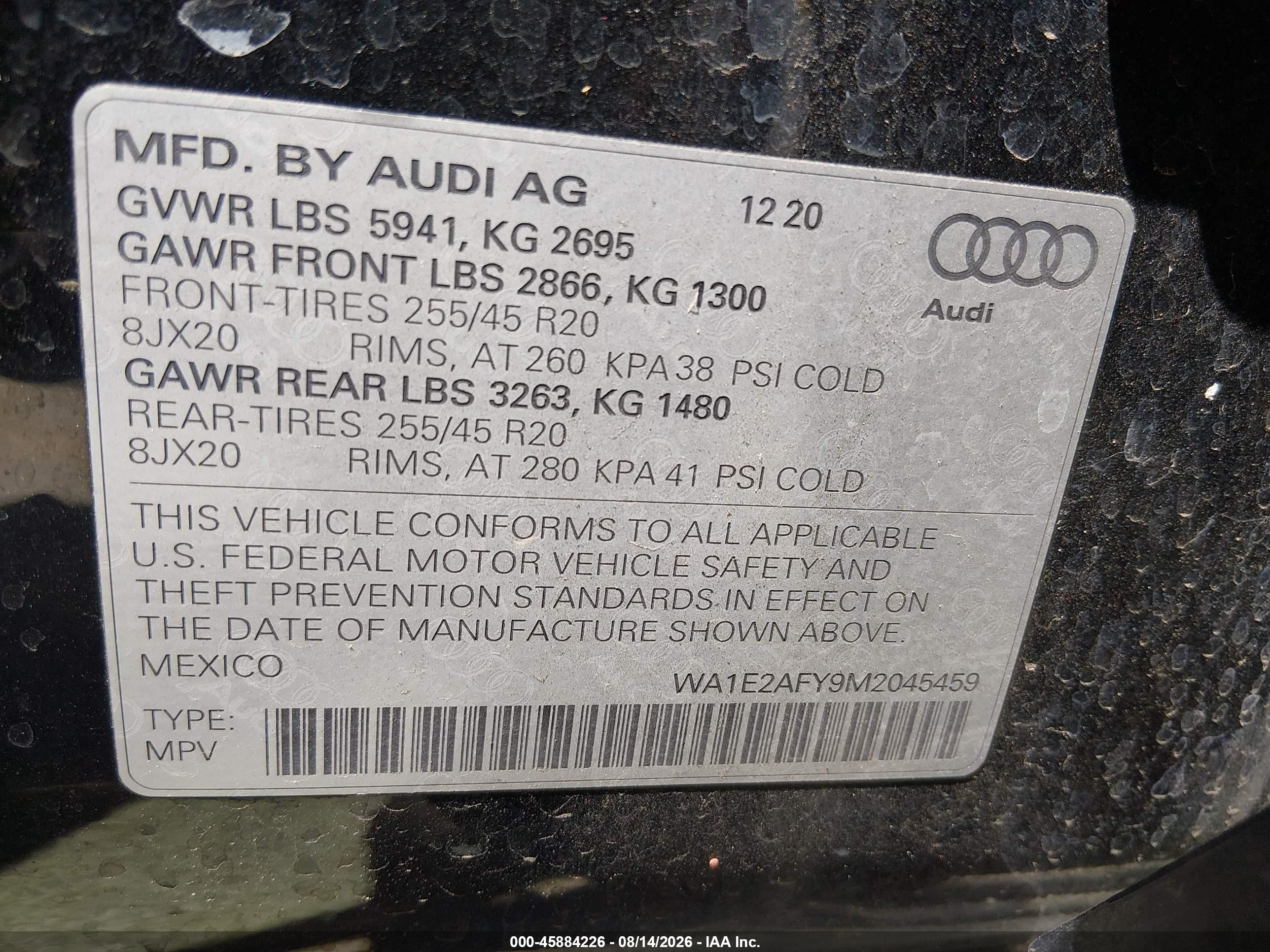 2021 Audi Q5 VIN WA1E2AFY9M2045459 IAAI salvage auction — Rear End, Salvage (California), sold $10,600 on 2026-09-11 (photo 9)