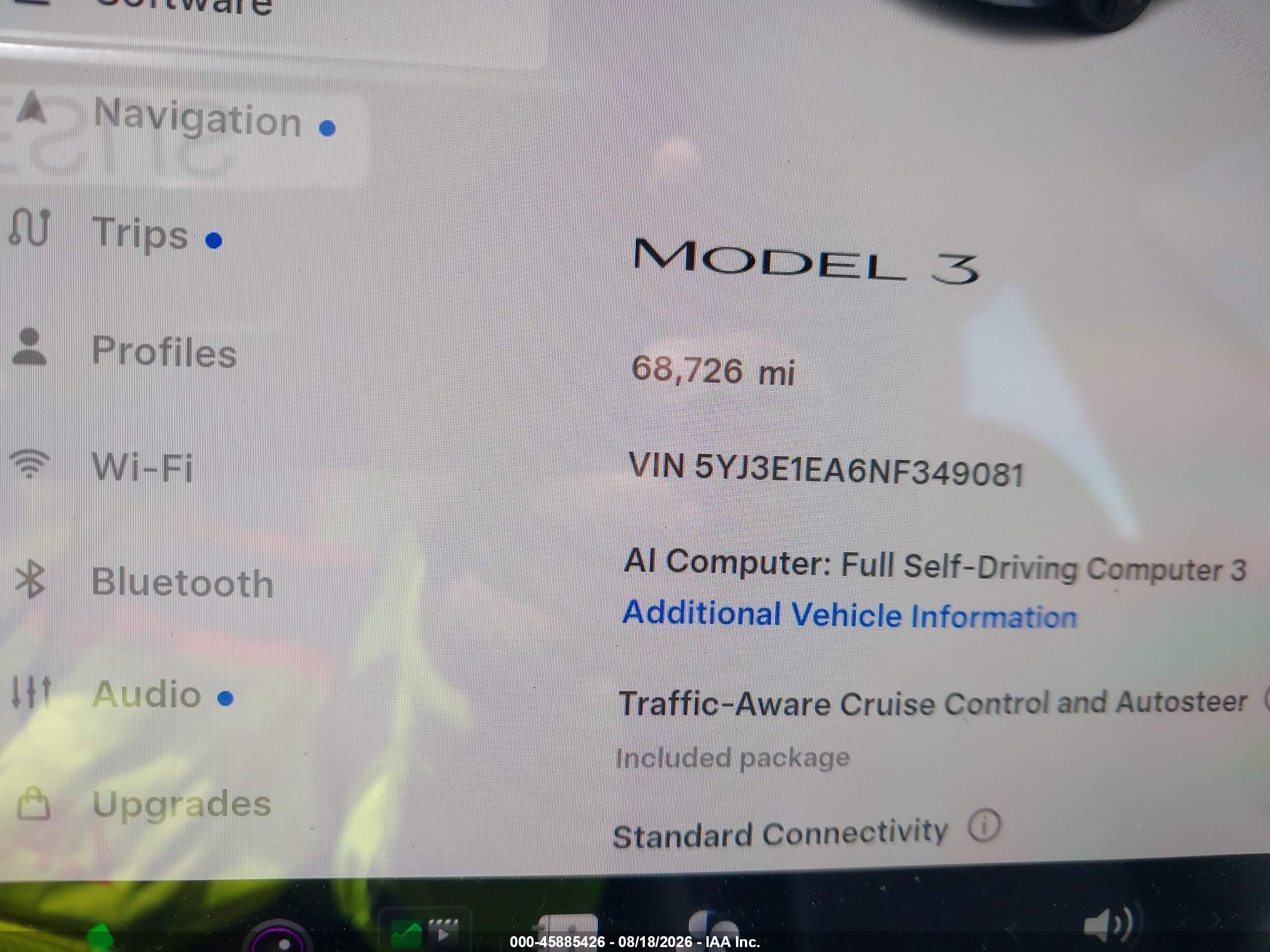 2022 Tesla Model 3 VIN 5YJ3E1EA6NF349081 IAAI salvage auction — Unknown, Clear (Arizona), sold $13,200 on 2026-09-11 (photo 7)