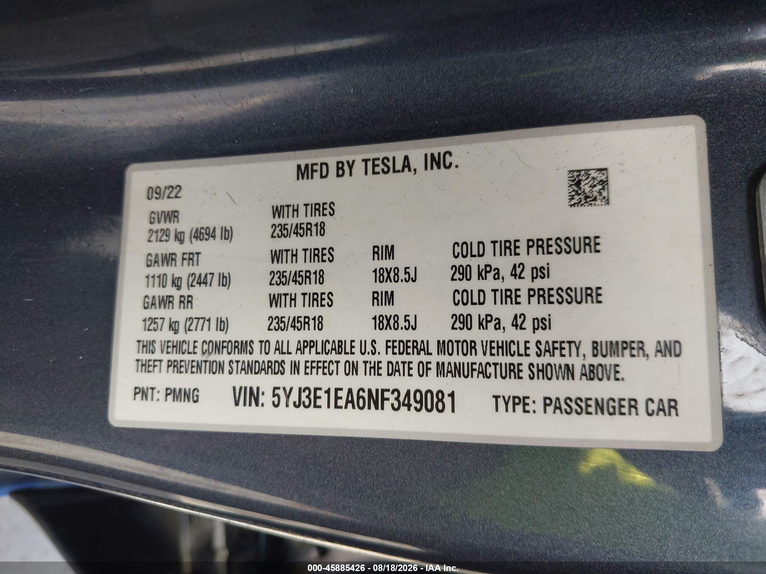 2022 Tesla Model 3 VIN 5YJ3E1EA6NF349081 IAAI salvage auction — Unknown, Clear (Arizona), sold $13,200 on 2026-09-11 (photo 9)