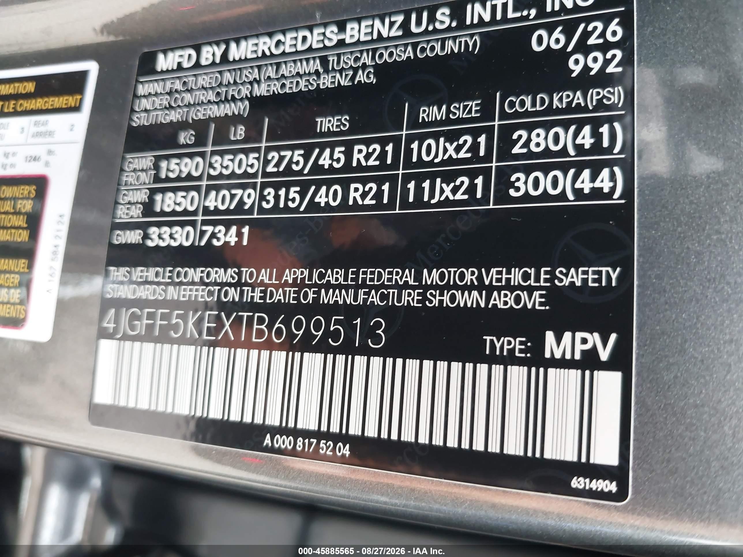 2026 Mercedes-Benz GLS-Class VIN 4JGFF5KEXTB699513 IAAI salvage auction — Storm Damage, Clear (Illinois), sold $41,500 on 2026-09-04 (photo 9)