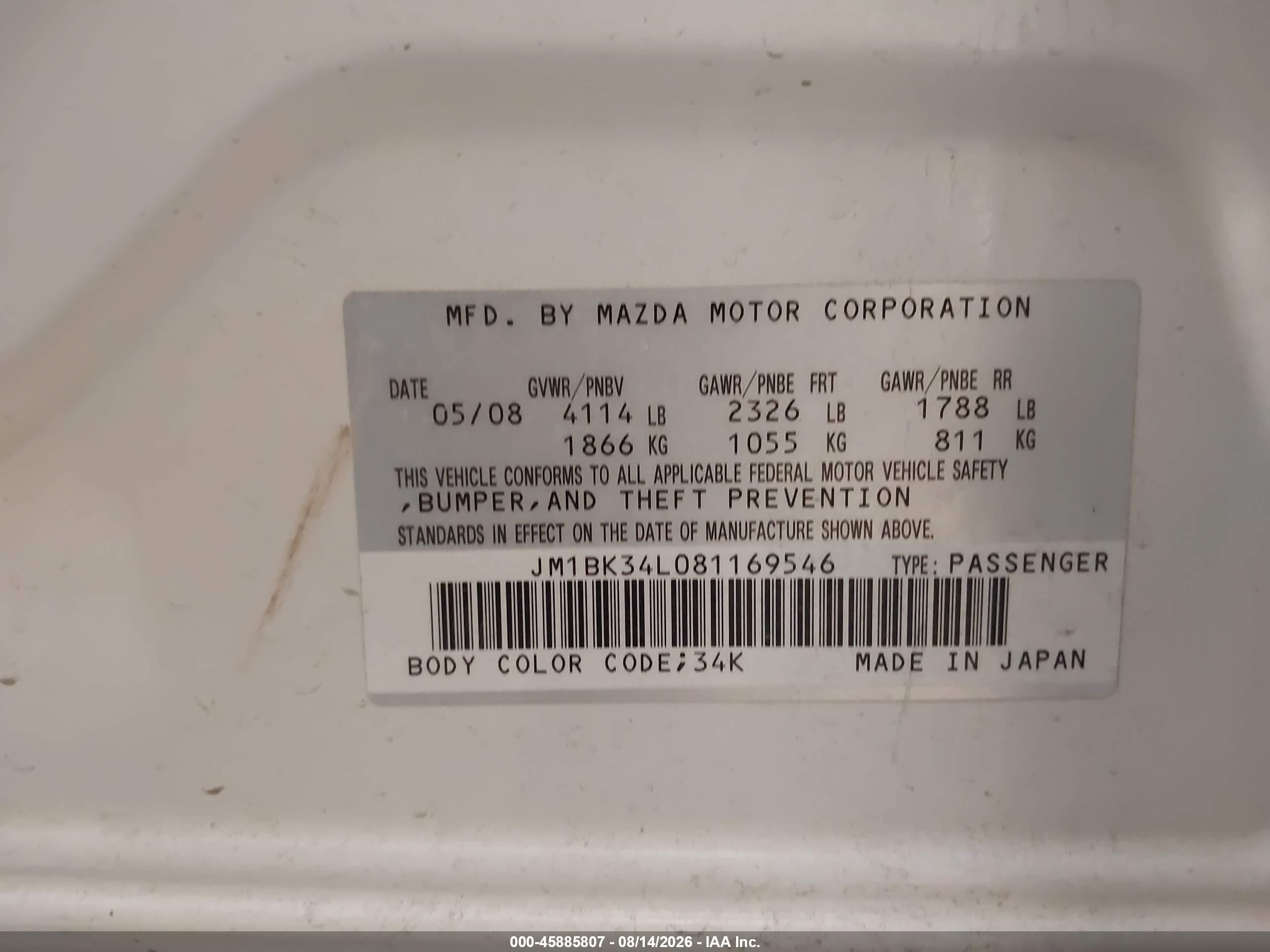 2008 Mazda 3 VIN JM1BK34L081169546 IAAI salvage auction — Rear End, Salvage (Utah), sold $675 on 2026-09-14 (photo 9)
