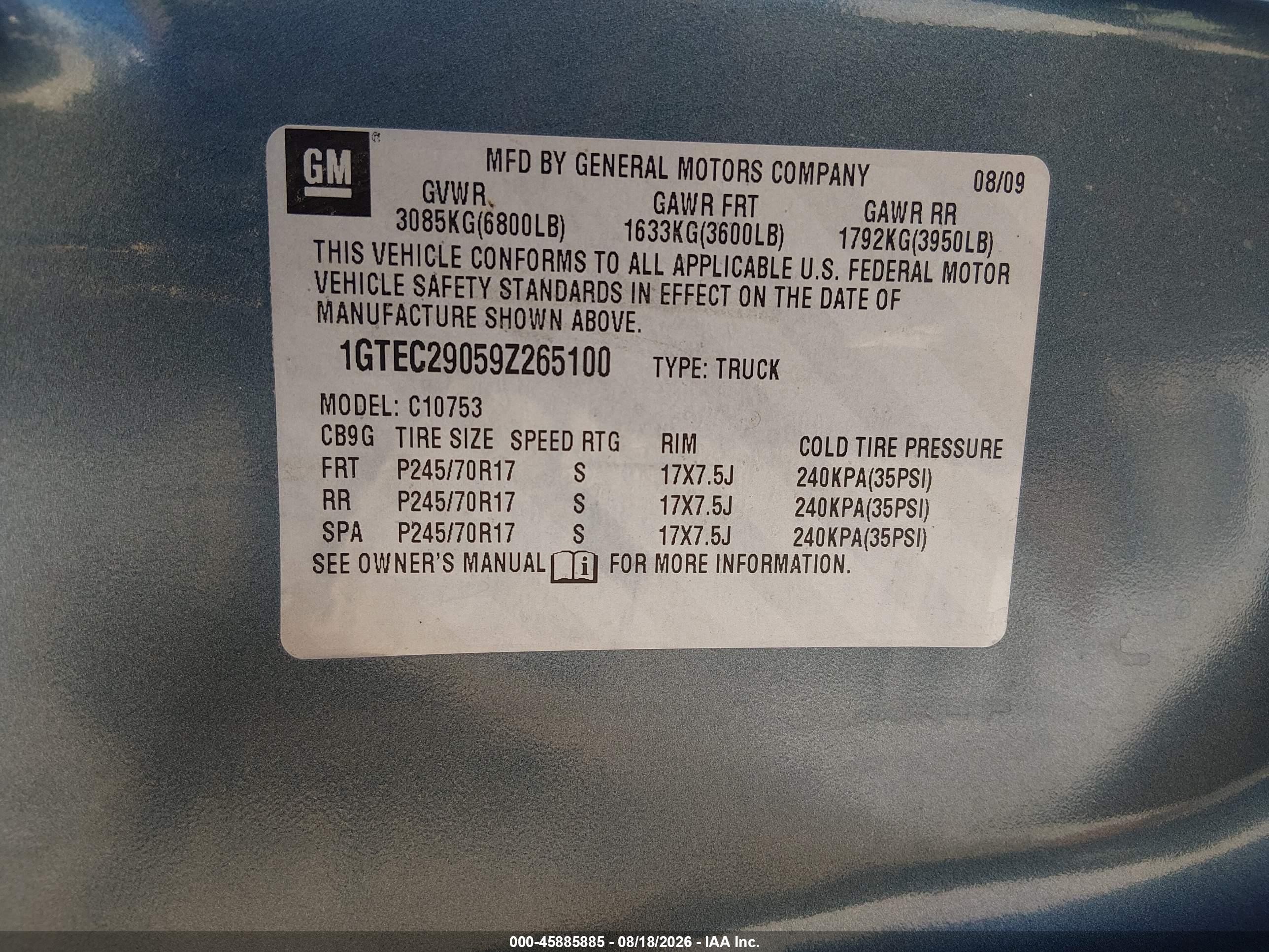 2009 GMC Sierra 1500 VIN 1GTEC29059Z265100 IAAI salvage auction — Side, Clear (Oklahoma), sold $2,900 on 2026-09-25 (photo 9)