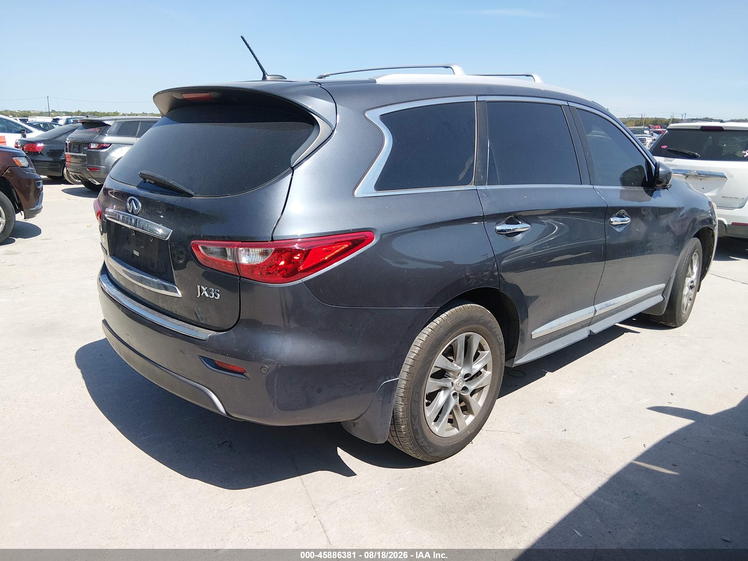 2013 Infiniti JX35 VIN 5N1AL0MN9DC349255 IAAI salvage auction — Repossession, Original (Texas), sold $550 on 2026-09-20 (photo 4)