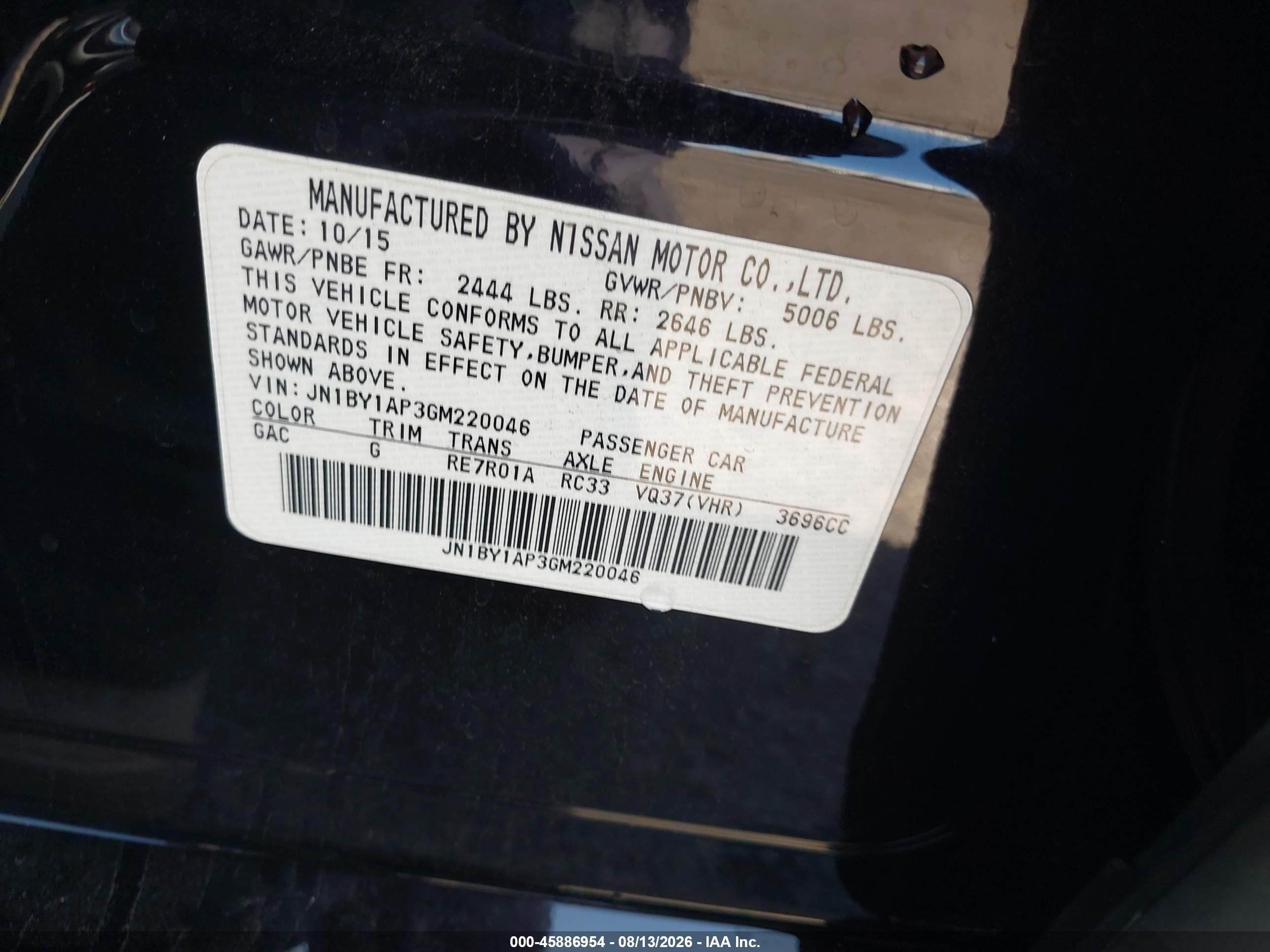 2016 Infiniti Q70 VIN JN1BY1AP3GM220046 IAAI salvage auction — Unknown, Salvage (California), sold $4,350 on 2026-09-12 (photo 9)