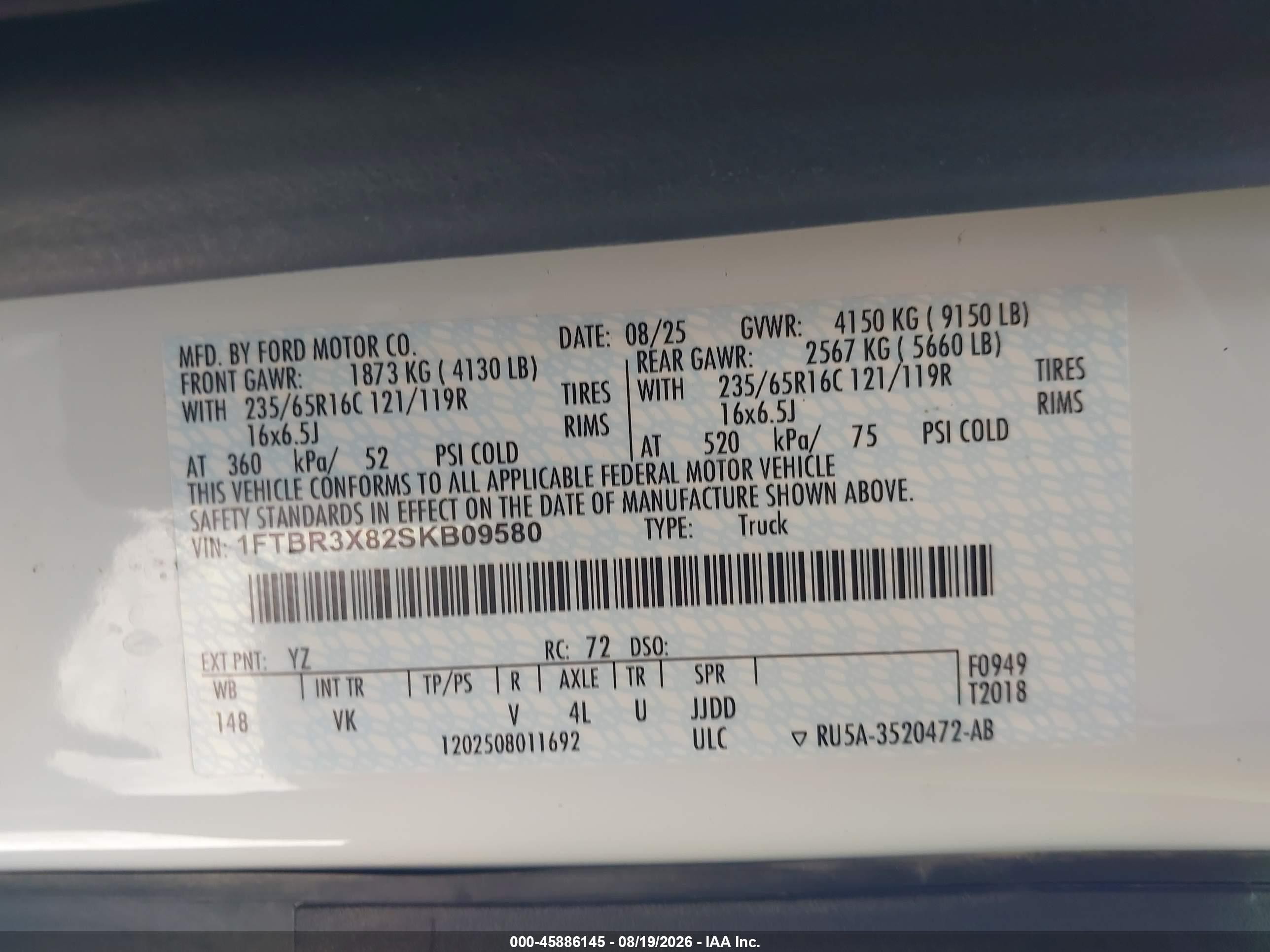 2025 Ford VIN 1FTBR3X82SKB09580 IAAI salvage auction — Front End, Enterprise Vehicles Clear Only (Texas), sold $24,900 on 2026-08-22 (photo 9)