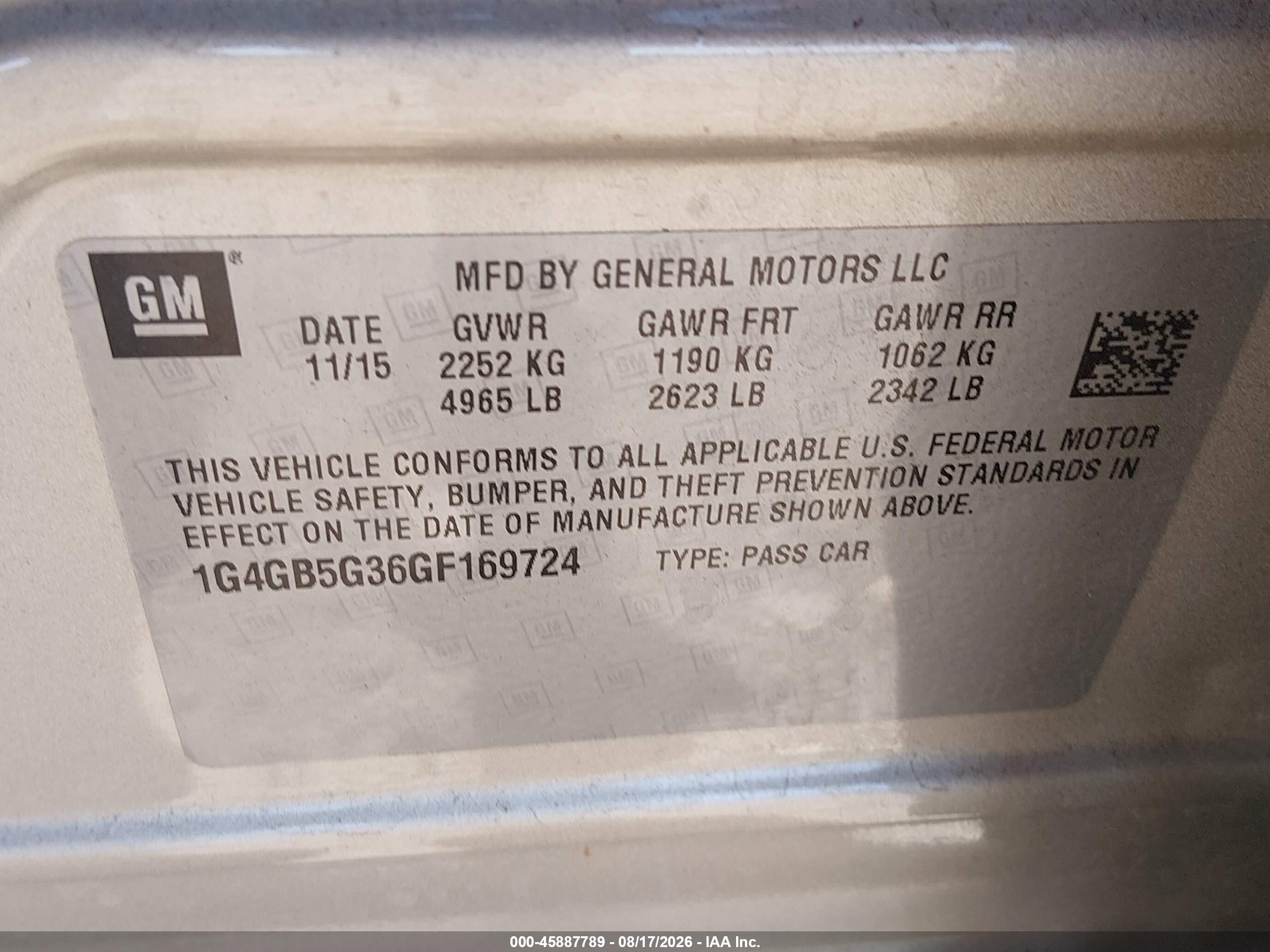2016 Buick Lacrosse VIN 1G4GB5G36GF169724 IAAI salvage auction — Front End, Salvage (Louisiana), sold $1,350 on 2026-09-29 (photo 9)