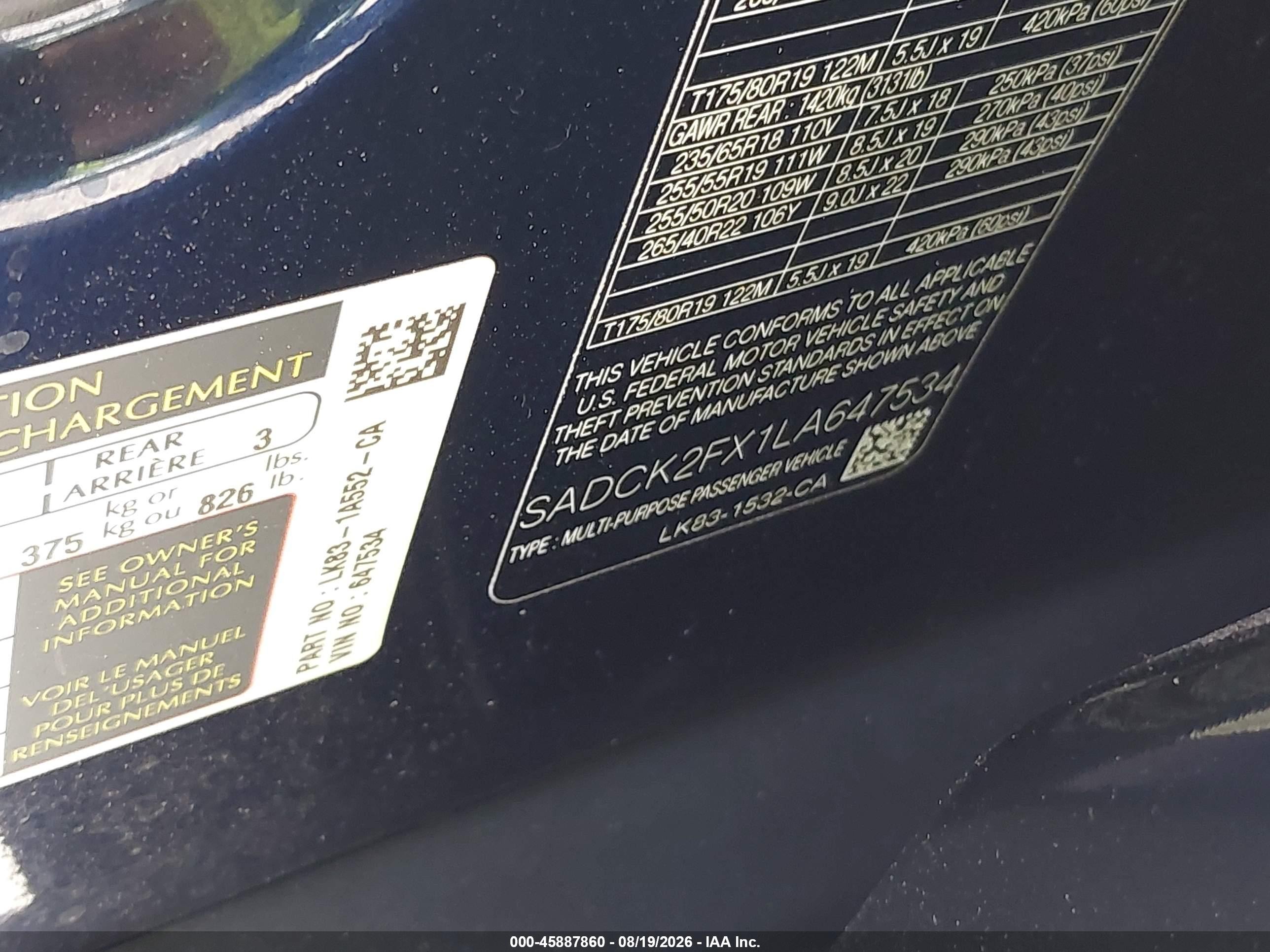 2020 Jaguar F-Pace VIN SADCK2FX1LA647534 IAAI salvage auction — Unknown, Salvage (Texas), sold $7,400 on 2026-09-25 (photo 9)