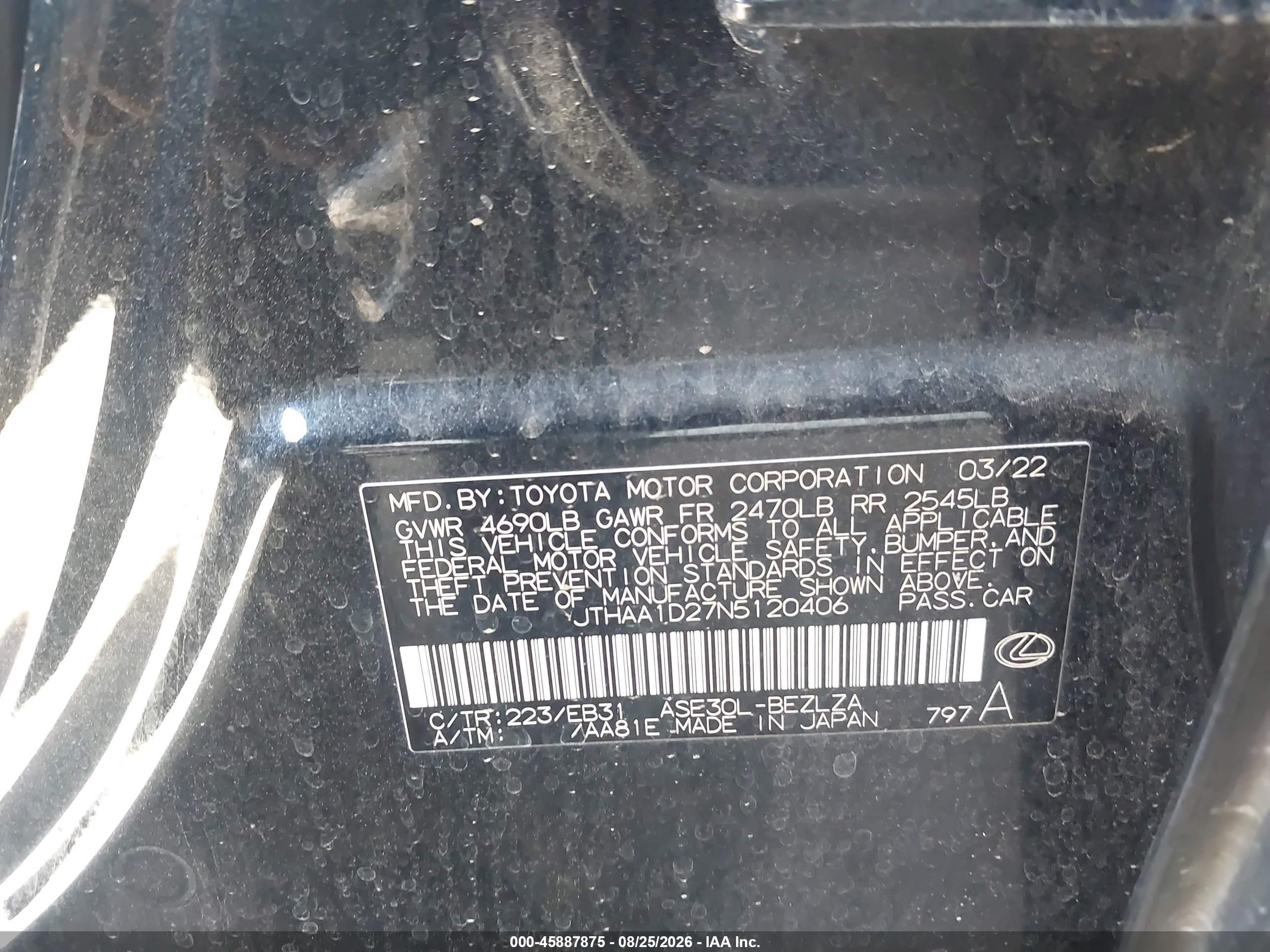 2022 Lexus Is VIN JTHAA1D27N5120406 IAAI salvage auction — Rear End, Salvage (California), sold $10,600 on 2026-09-25 (photo 9)