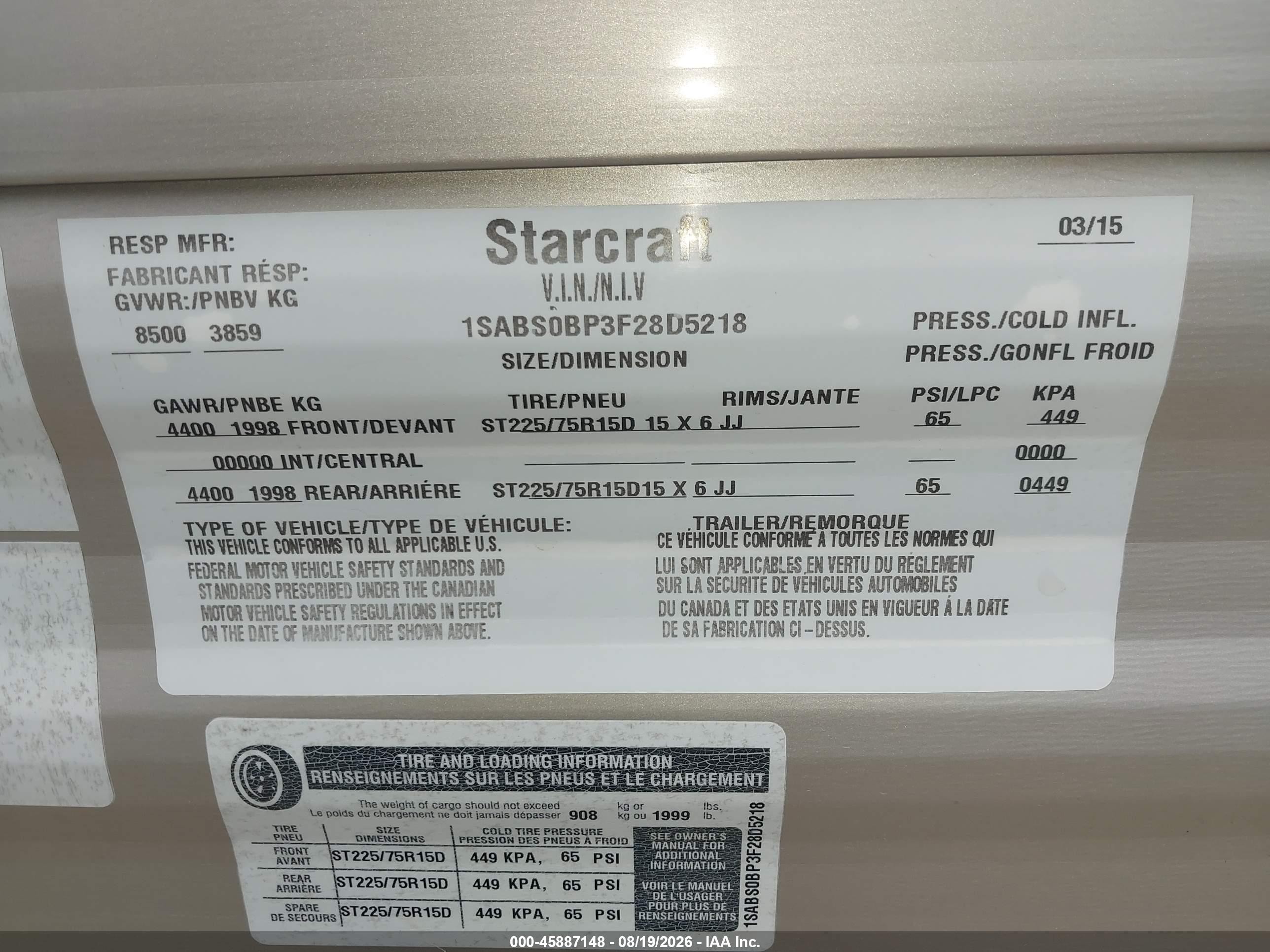 2015 Starcraft Ar-One VIN 1SABS0BP3F28D5218 IAAI salvage auction — Water/Flood, Salvage (Missouri), sold $3,450 on 2026-09-29 (photo 9)