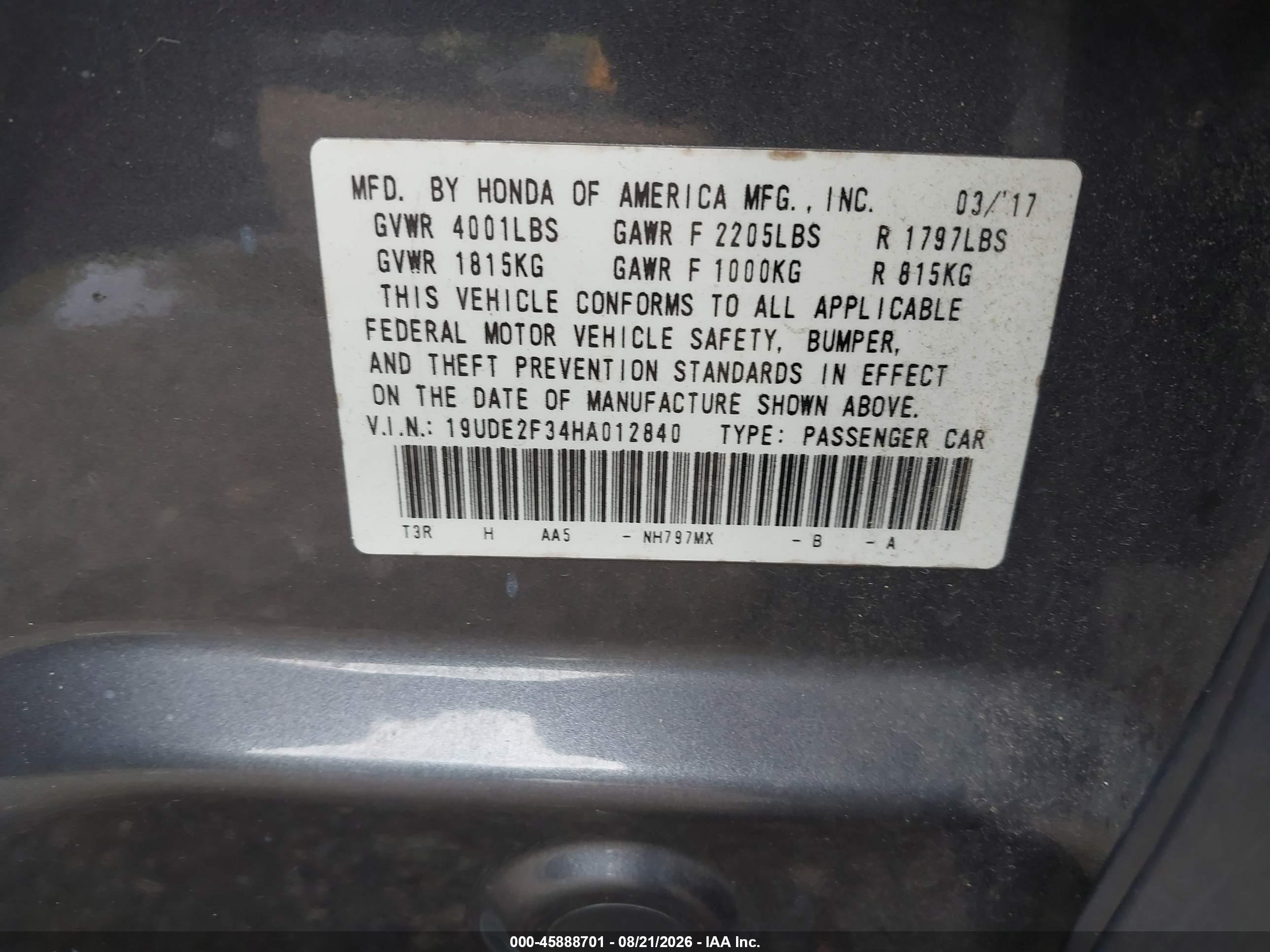 2017 Acura ILX VIN 19UDE2F34HA012840 IAAI salvage auction — Front End, Clear (Virginia), sold $3,100 on 2026-09-14 (photo 9)