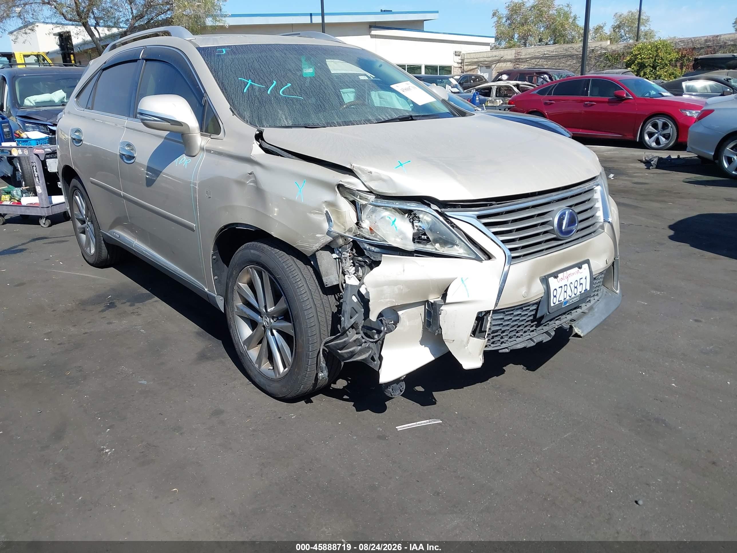 2013 Lexus RX 450h VIN JTJBC1BA0D2057978 IAAI salvage auction — Unknown, Salvage Certificate (California), sold $4,300 on 2026-09-13 (photo 1)