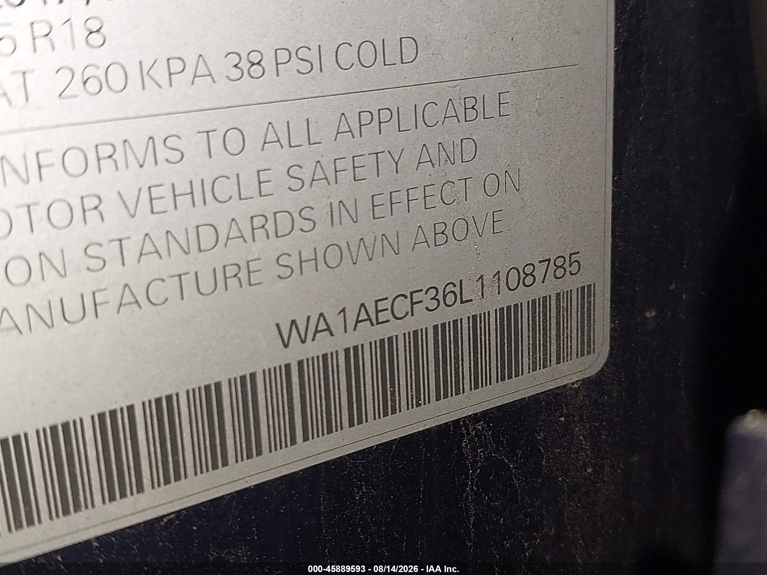 2020 Audi Q3 VIN WA1AECF36L1108785 IAAI salvage auction — Rear End, Mv-907A (New York), sold $8,500 on 2026-09-26 (photo 9)