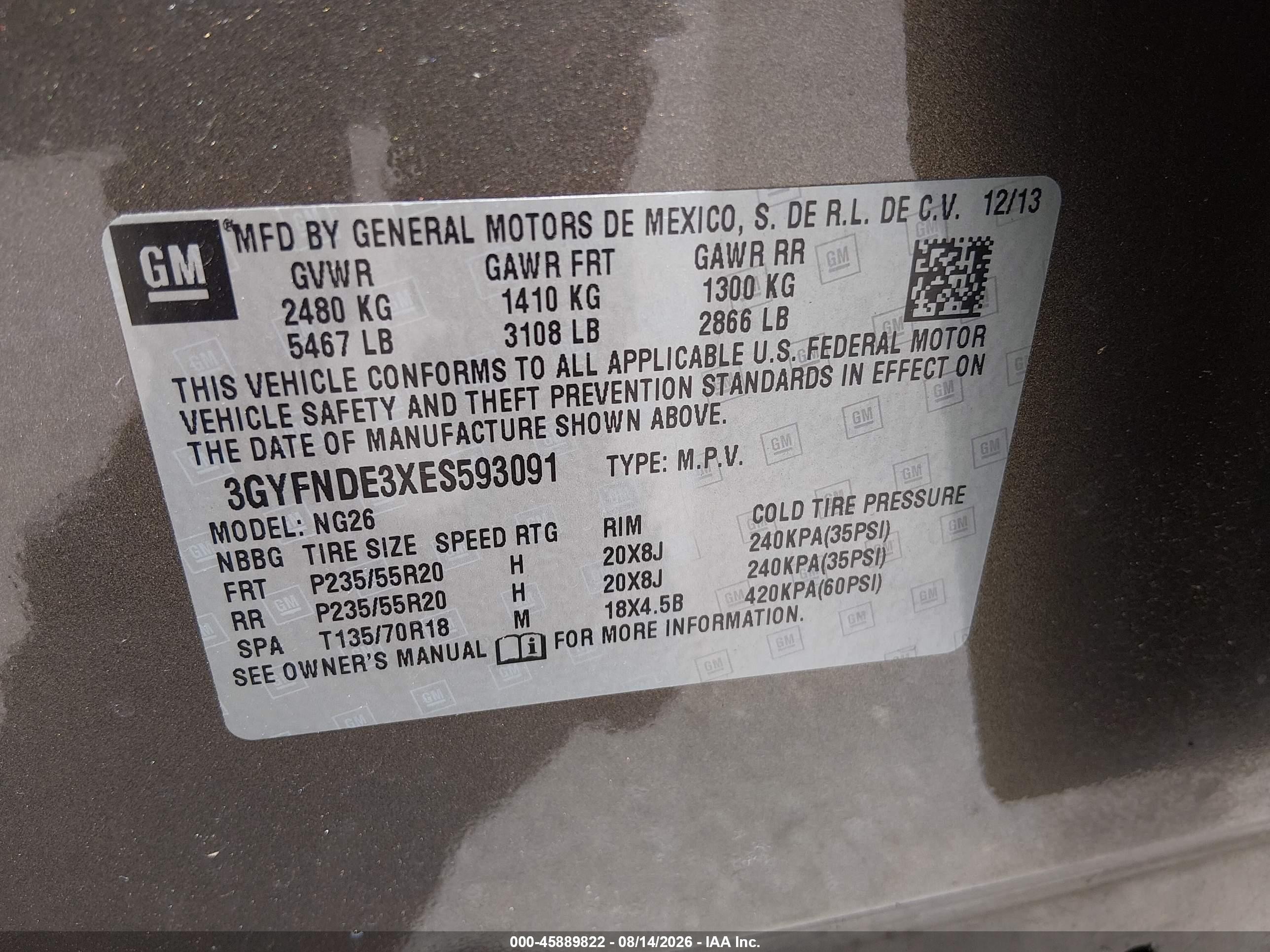 2014 Cadillac SRX VIN 3GYFNDE3XES593091 IAAI salvage auction — Unknown, Original (Texas), sold $1,900 on 2026-09-19 (photo 9)