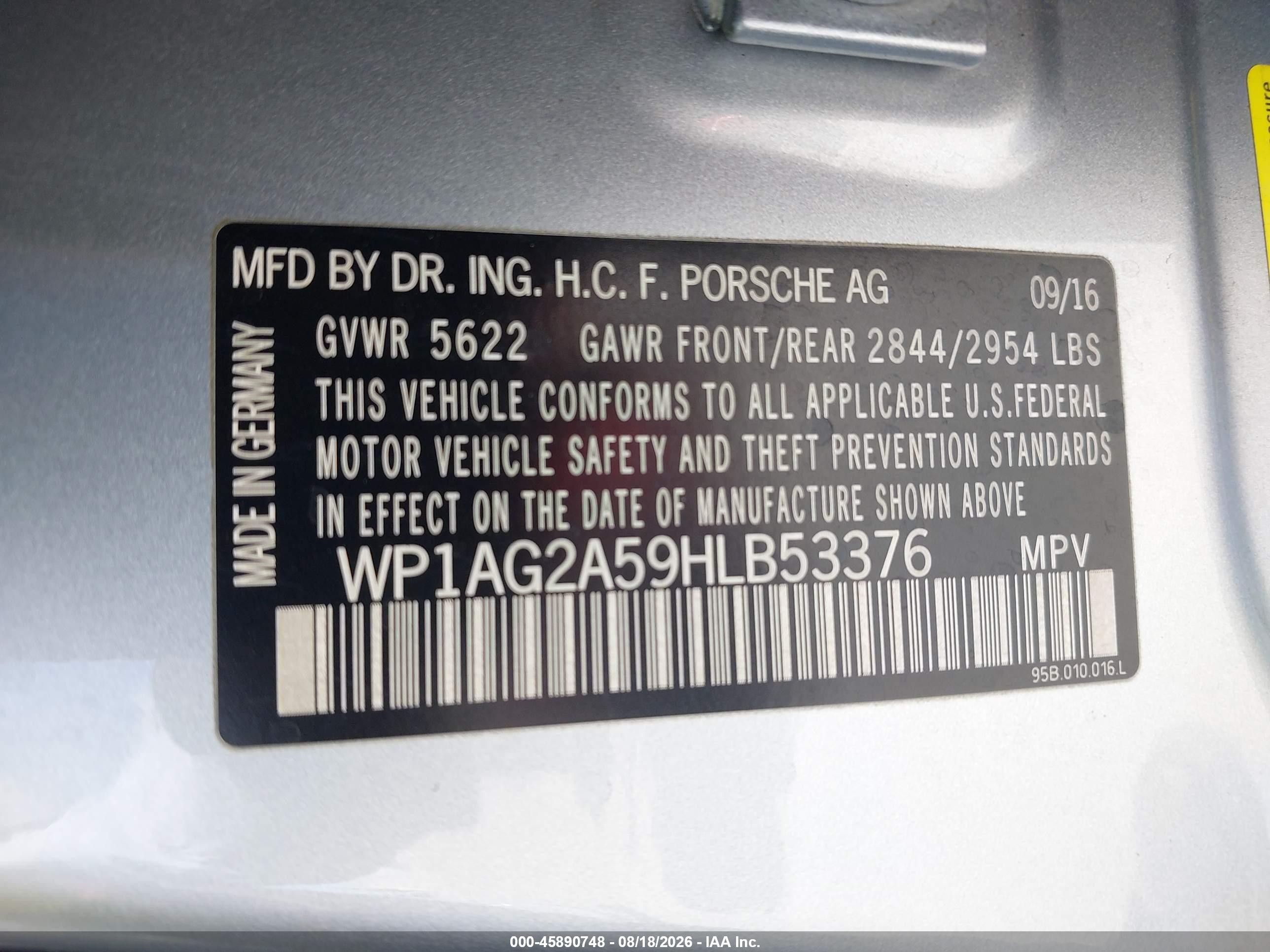 2017 Porsche Macan VIN WP1AG2A59HLB53376 IAAI salvage auction — Rear End, Salvage (California), sold $8,000 on 2026-09-04 (photo 9)