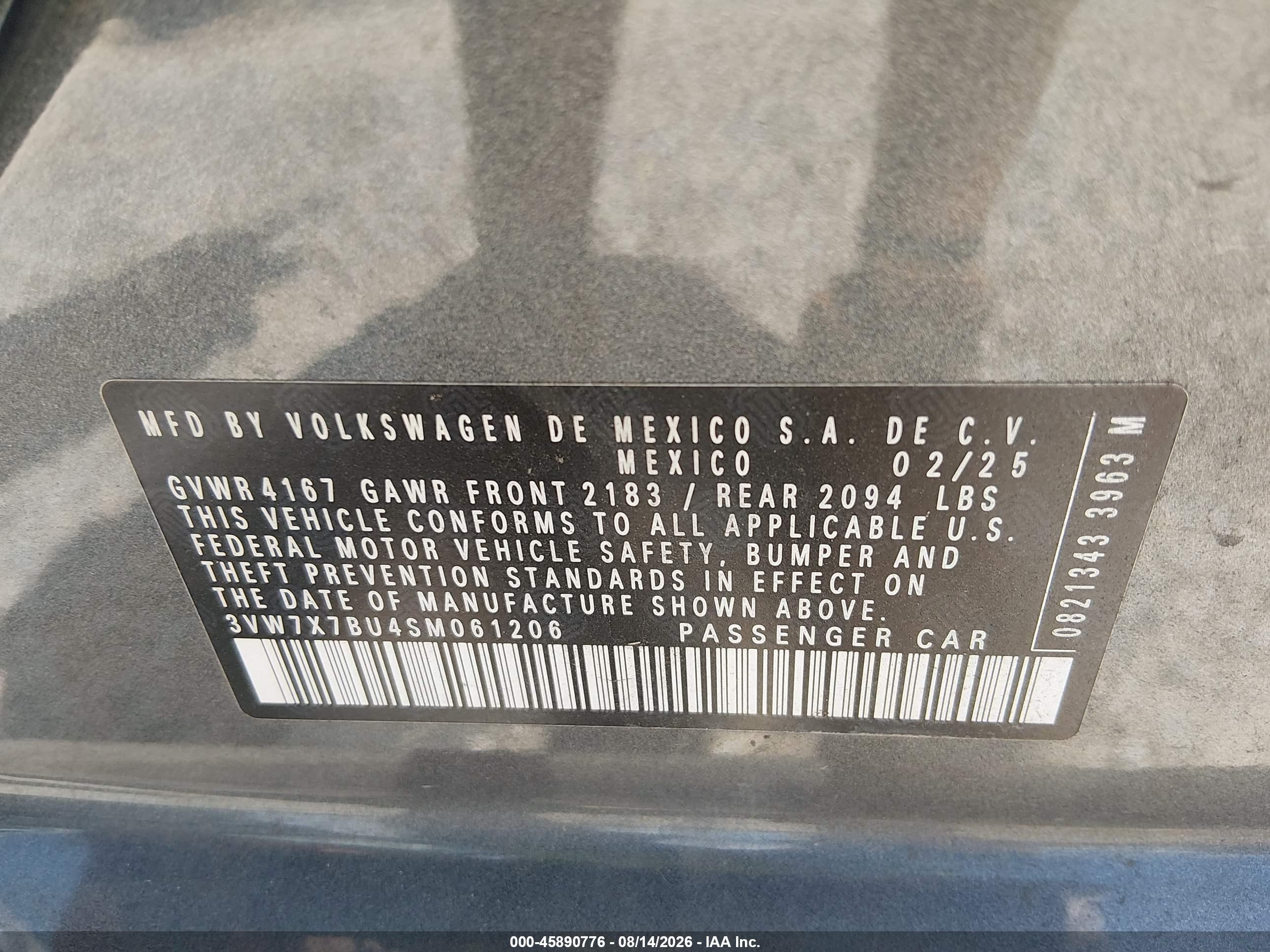2025 Volkswagen Jetta VIN 3VW7X7BU4SM061206 IAAI salvage auction — Front End, Enterprise Vehicles Clear Only (Texas), sold $11,000 on 2026-08-25 (photo 9)