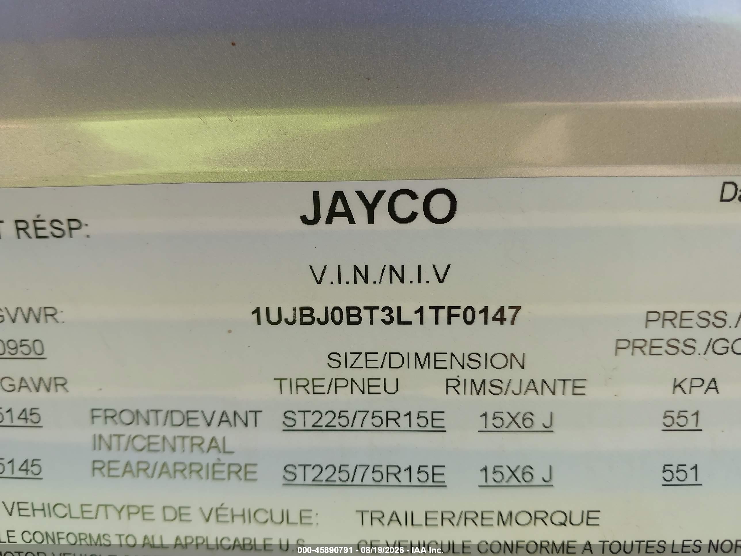 2020 Jayco Jay Flight VIN 1UJBJ0BT3L1TF0147 IAAI salvage auction — Water/Flood, Salvage (California), sold $6,975 on 2026-10-14 (photo 9)