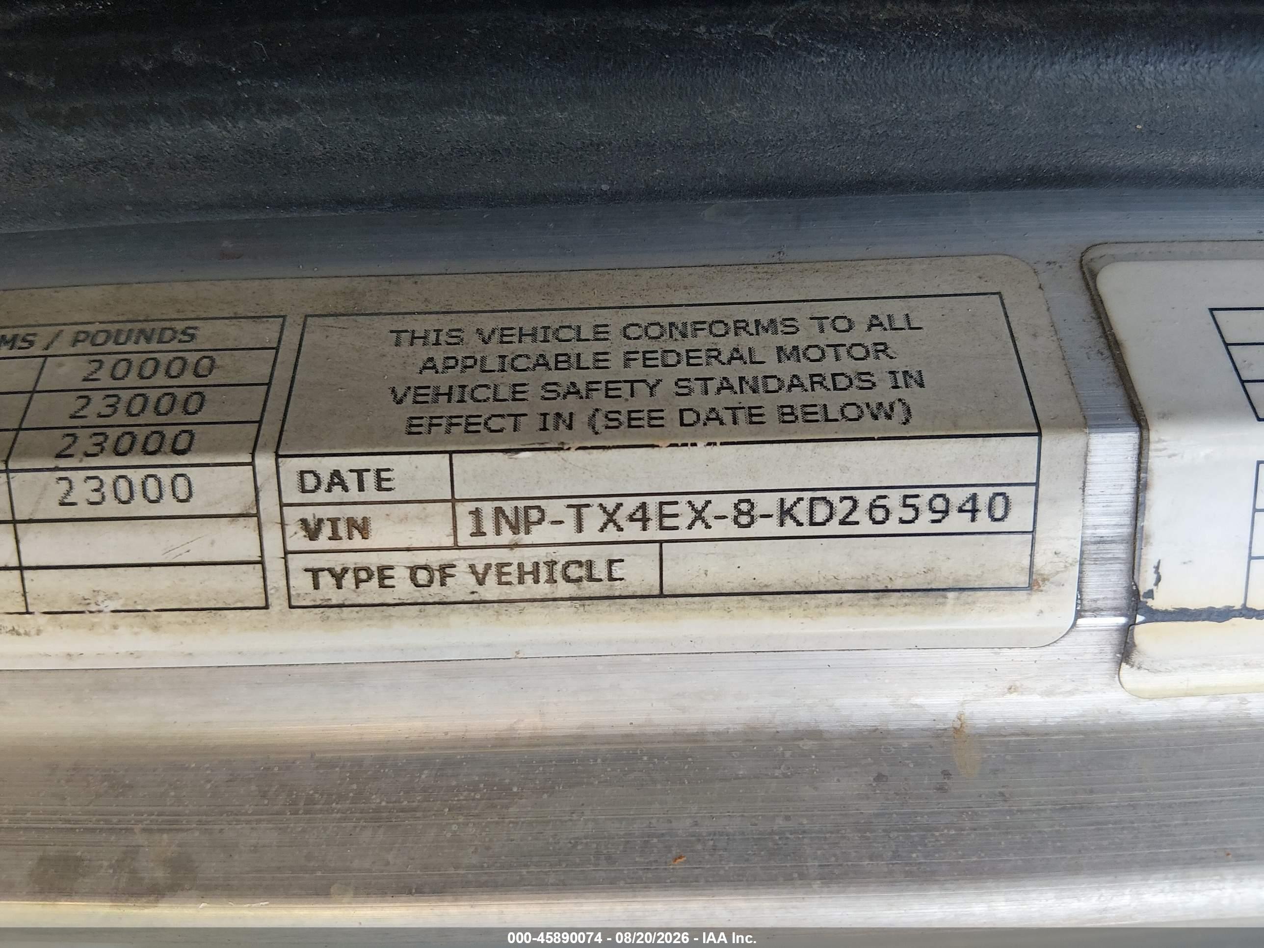2019 Peterbilt 367 VIN 1NPTX4EX8KD265940 IAAI salvage auction — Front End, Salvage (Tennessee), sold $34,500 on 2026-09-18 (photo 8)