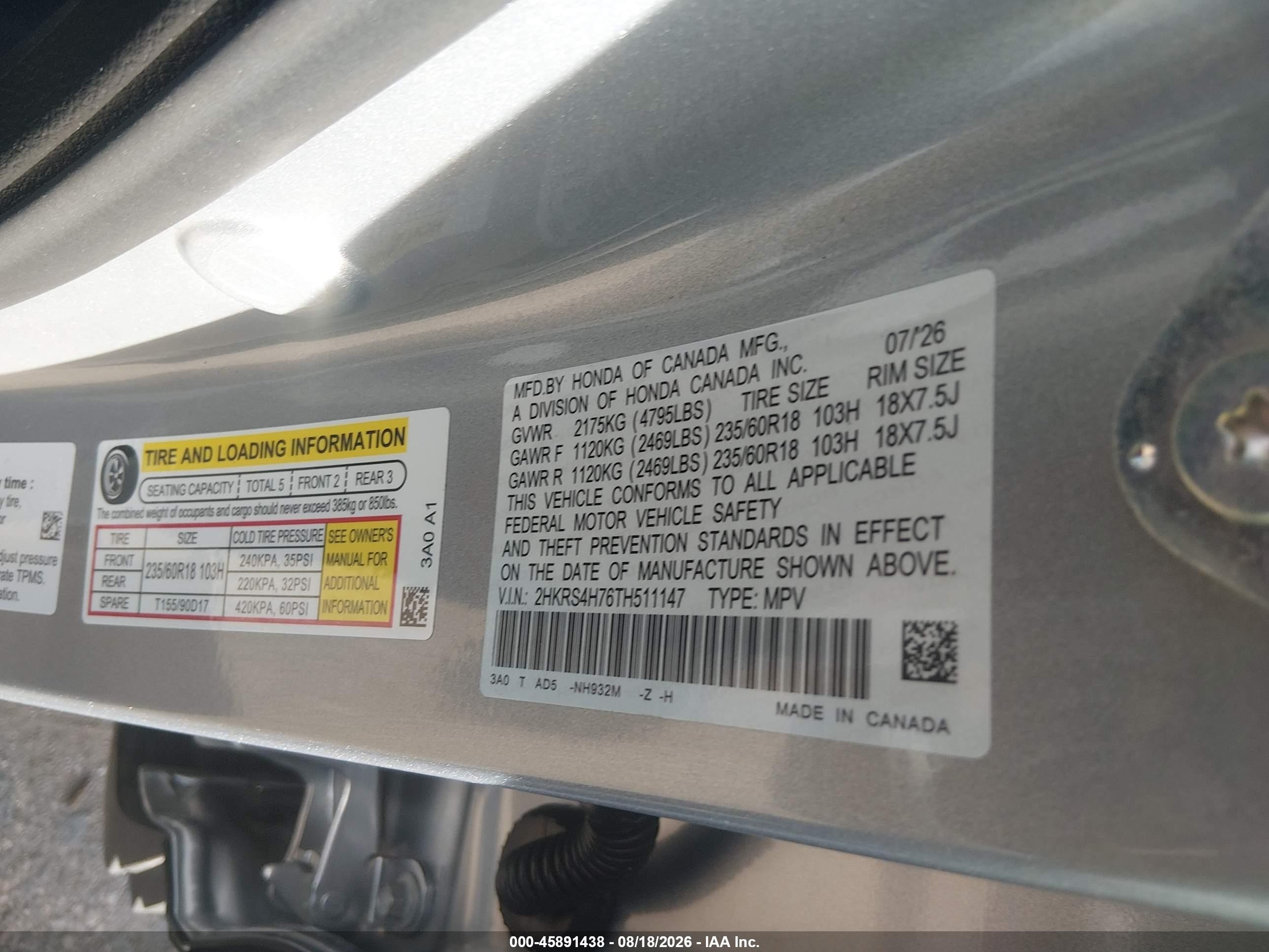2026 Honda CR-V VIN 2HKRS4H76TH511147 IAAI salvage auction — Front End, Enterprise Vehicles Clear Only (Colorado), sold $25,750 on 2026-08-22 (photo 9)