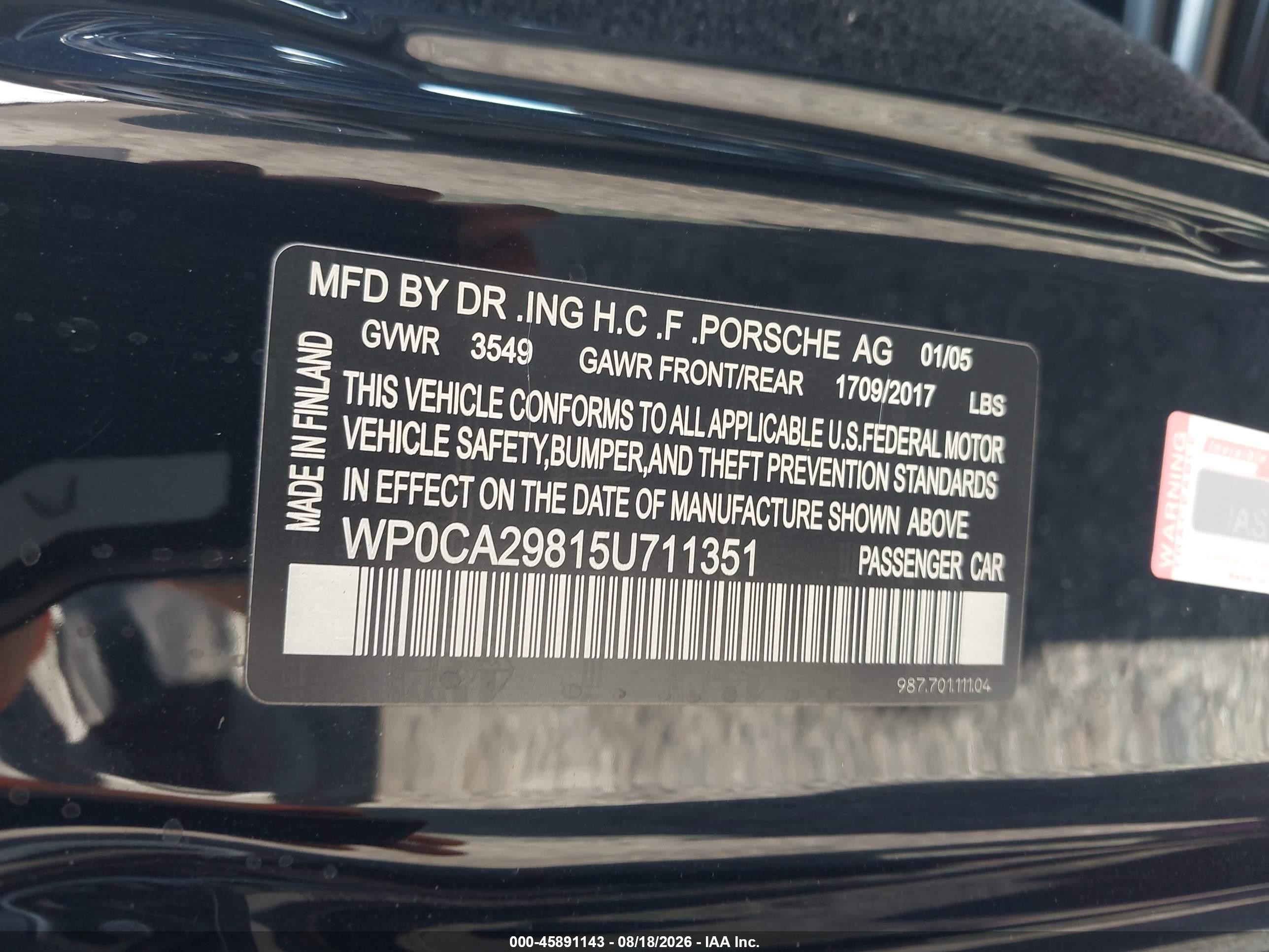 2005 Porsche Boxster VIN WP0CA29815U711351 IAAI salvage auction — Unknown, Salvage (California), sold $1,150 on 2026-09-13 (photo 9)