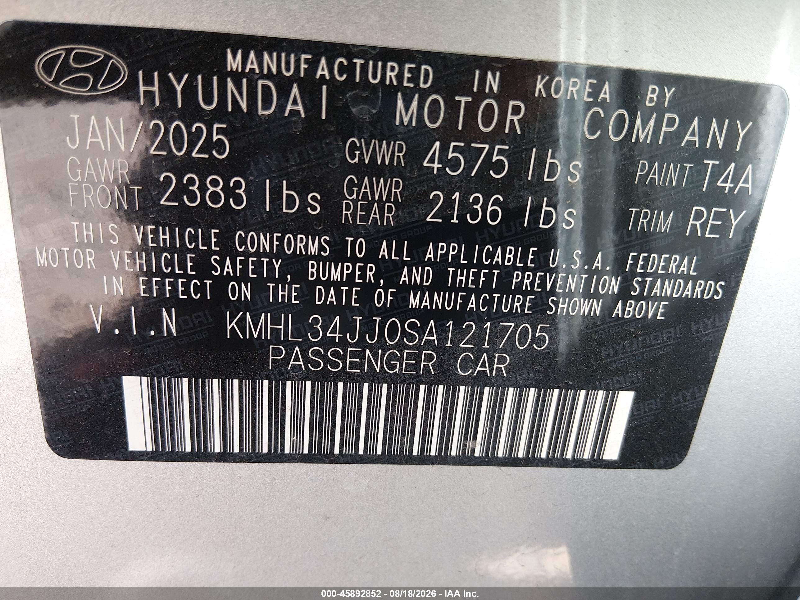 2025 Hyundai Sonata VIN KMHL34JJ0SA121705 IAAI salvage auction — Front End, Salvage (North Carolina), sold $7,500 on 2026-09-08 (photo 9)