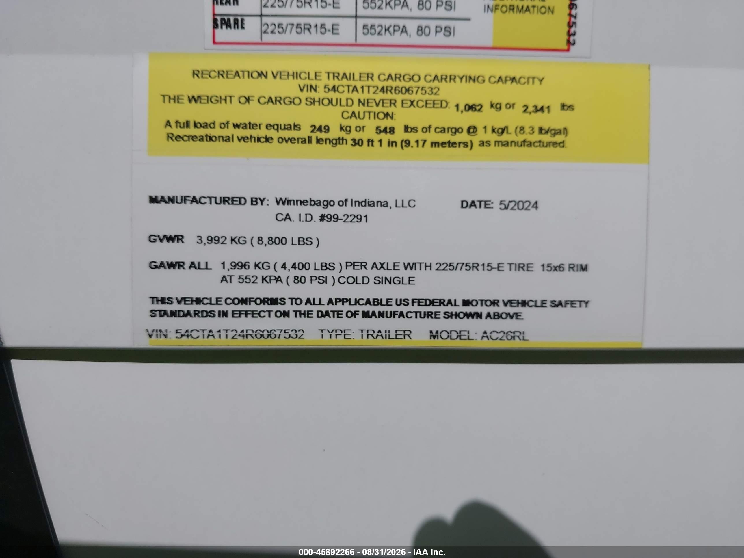 2024 Winnebago Access VIN 54CTA1T24R6067532 IAAI salvage auction — Hail, Certificate Of Title (Nebraska), sold $6,100 on 2026-09-22 (photo 9)
