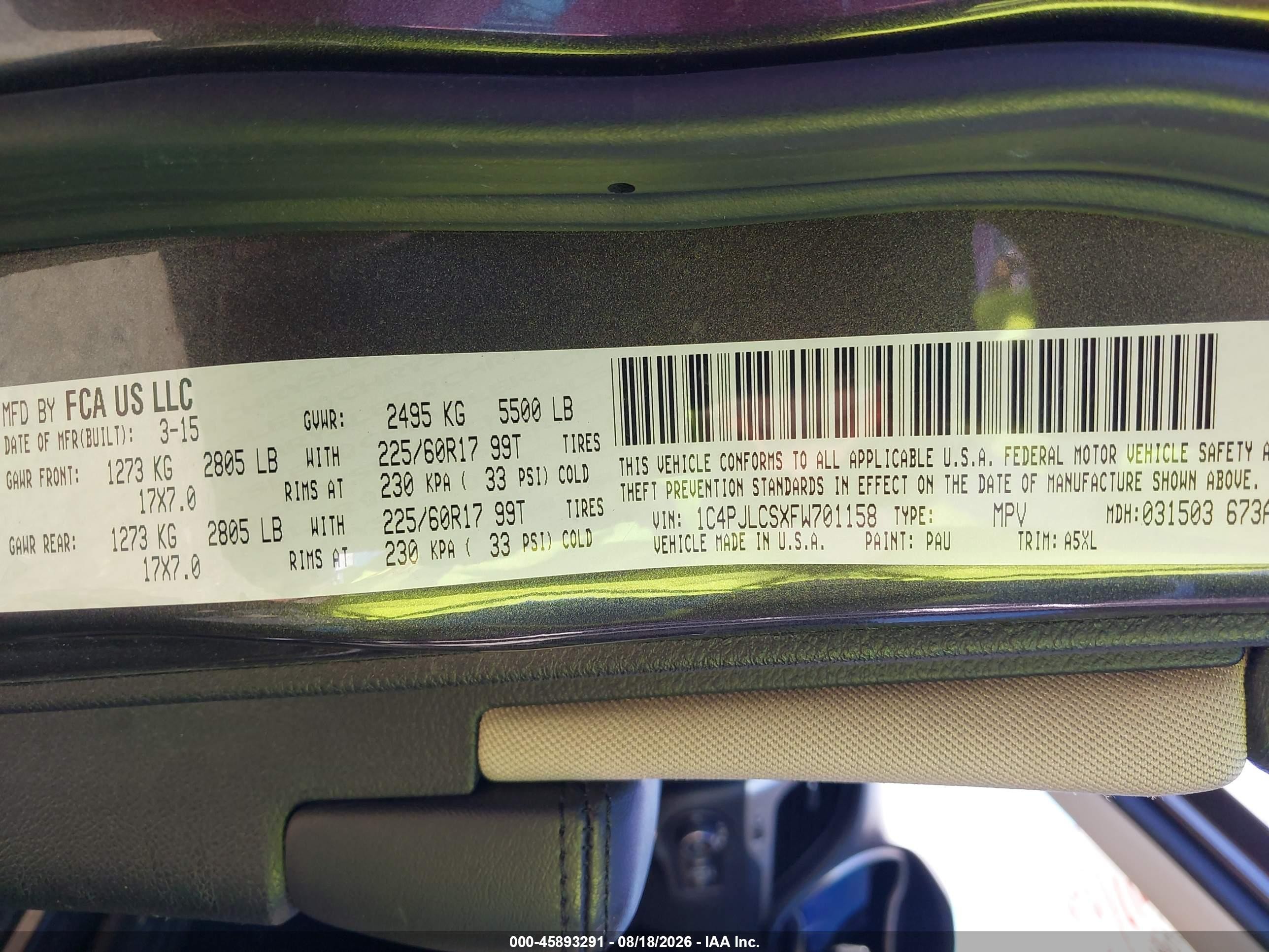 2015 Jeep Cherokee VIN 1C4PJLCSXFW701158 IAAI salvage auction — Front & Rear, Salvage (Ohio), sold $475 on 2026-09-03 (photo 9)
