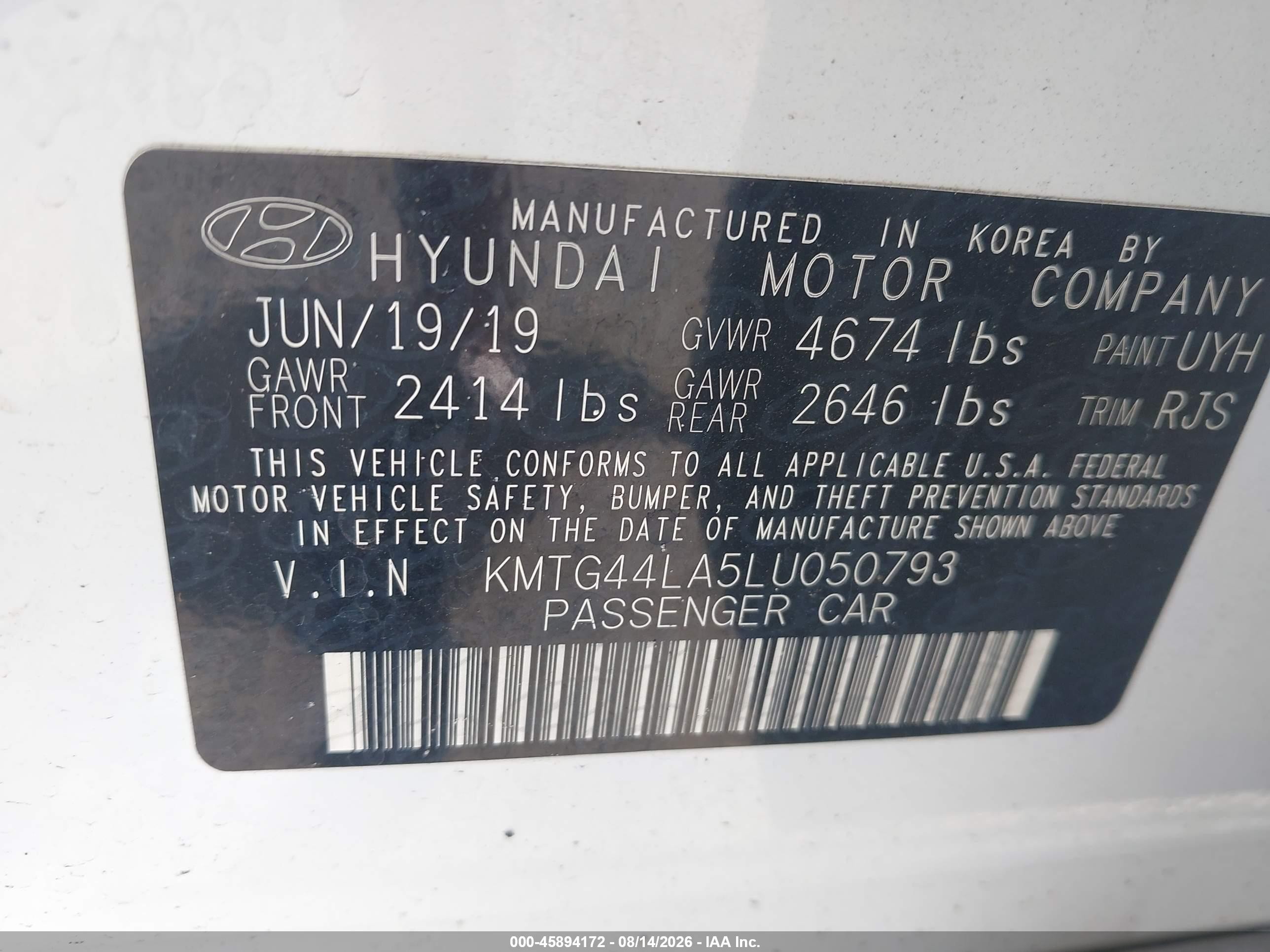 2020 Genesis G70 VIN KMTG44LA5LU050793 IAAI salvage auction — Front End, Rebuildable (Florida), sold $6,200 on 2026-09-08 (photo 9)