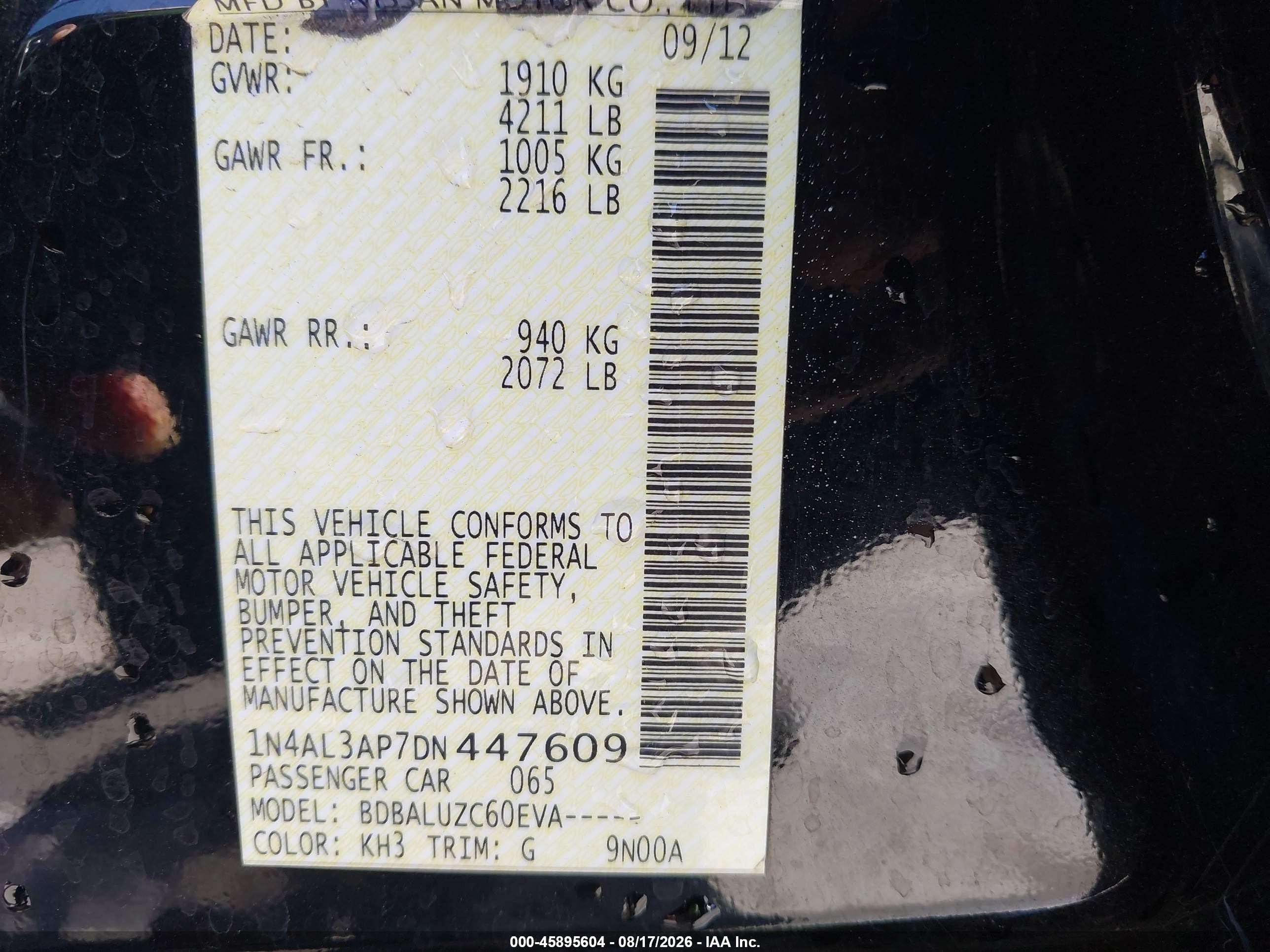 2013 Nissan Altima VIN 1N4AL3AP7DN447609 IAAI salvage auction — Rear End, Salvage (California), sold $800 on 2026-09-24 (photo 9)
