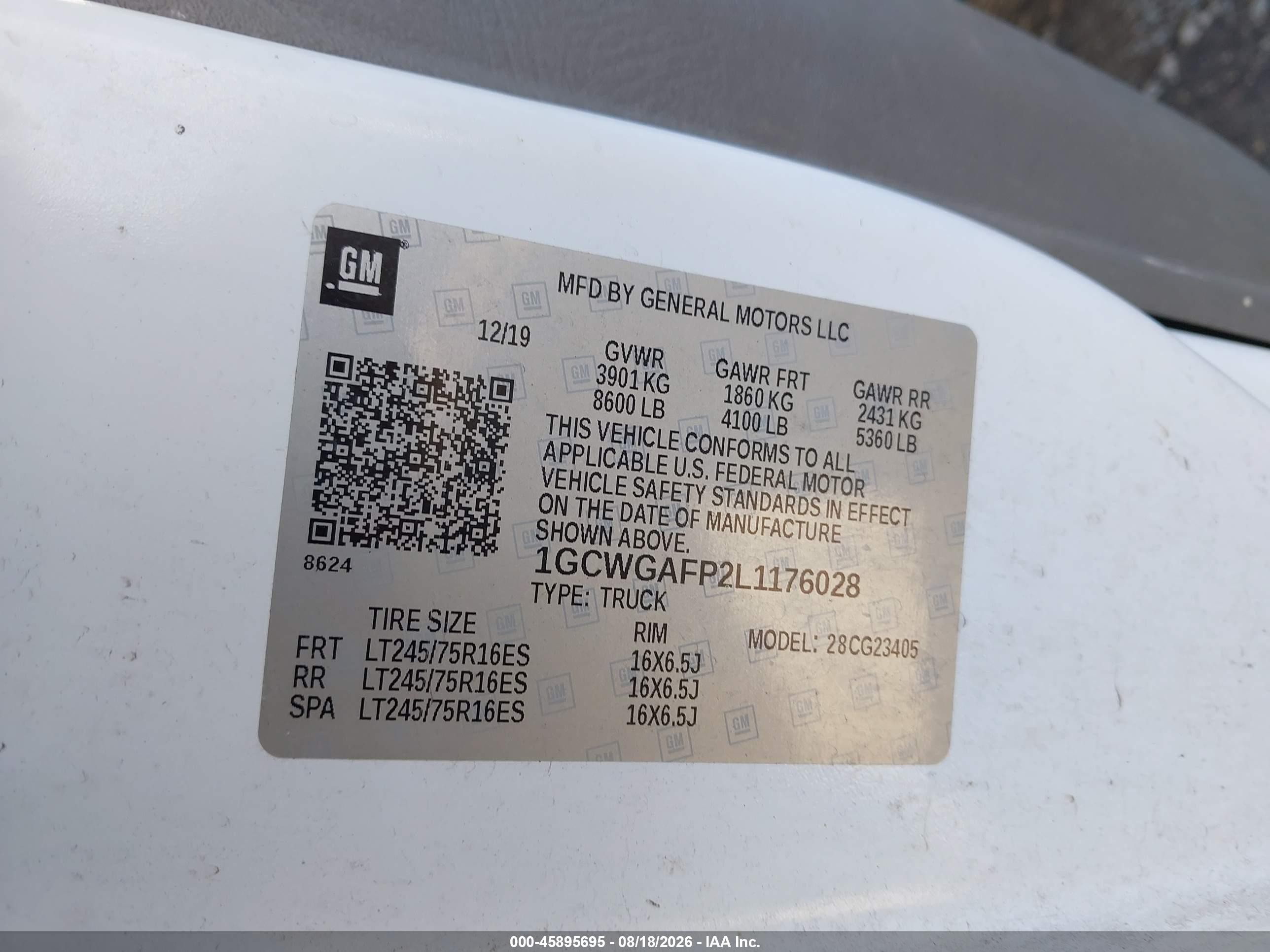 2020 Chevrolet Express Cargo VIN 1GCWGAFP2L1176028 IAAI salvage auction — Mechanical, Enterprise Vehicles Clear Only (Virginia), sold $8,000 on 2026-09-11 (photo 9)