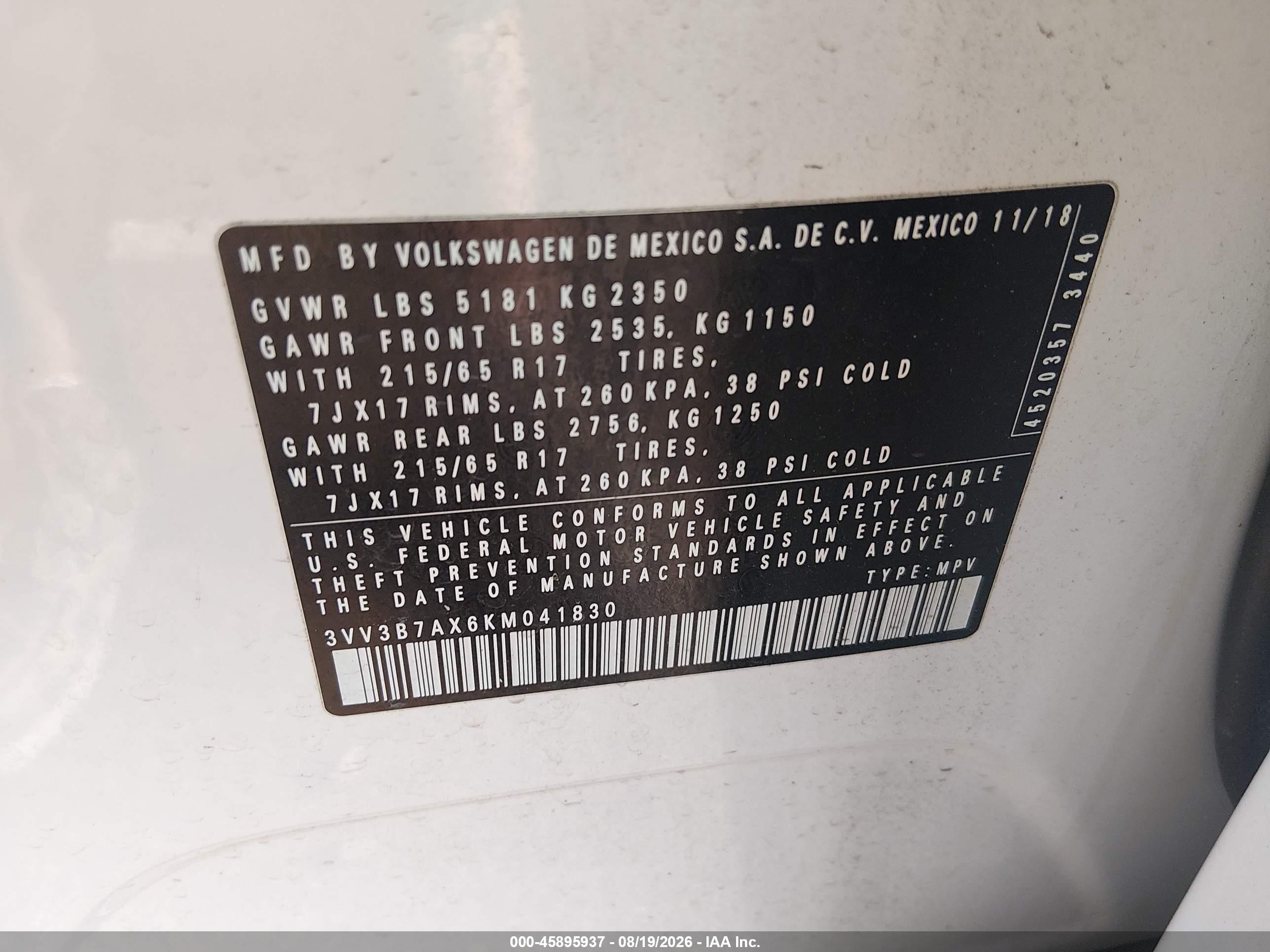 2019 Volkswagen Tiguan VIN 3VV3B7AX6KM041830 IAAI salvage auction — Rear End, Salvage (Mississippi), sold $2,350 on 2026-09-11 (photo 9)