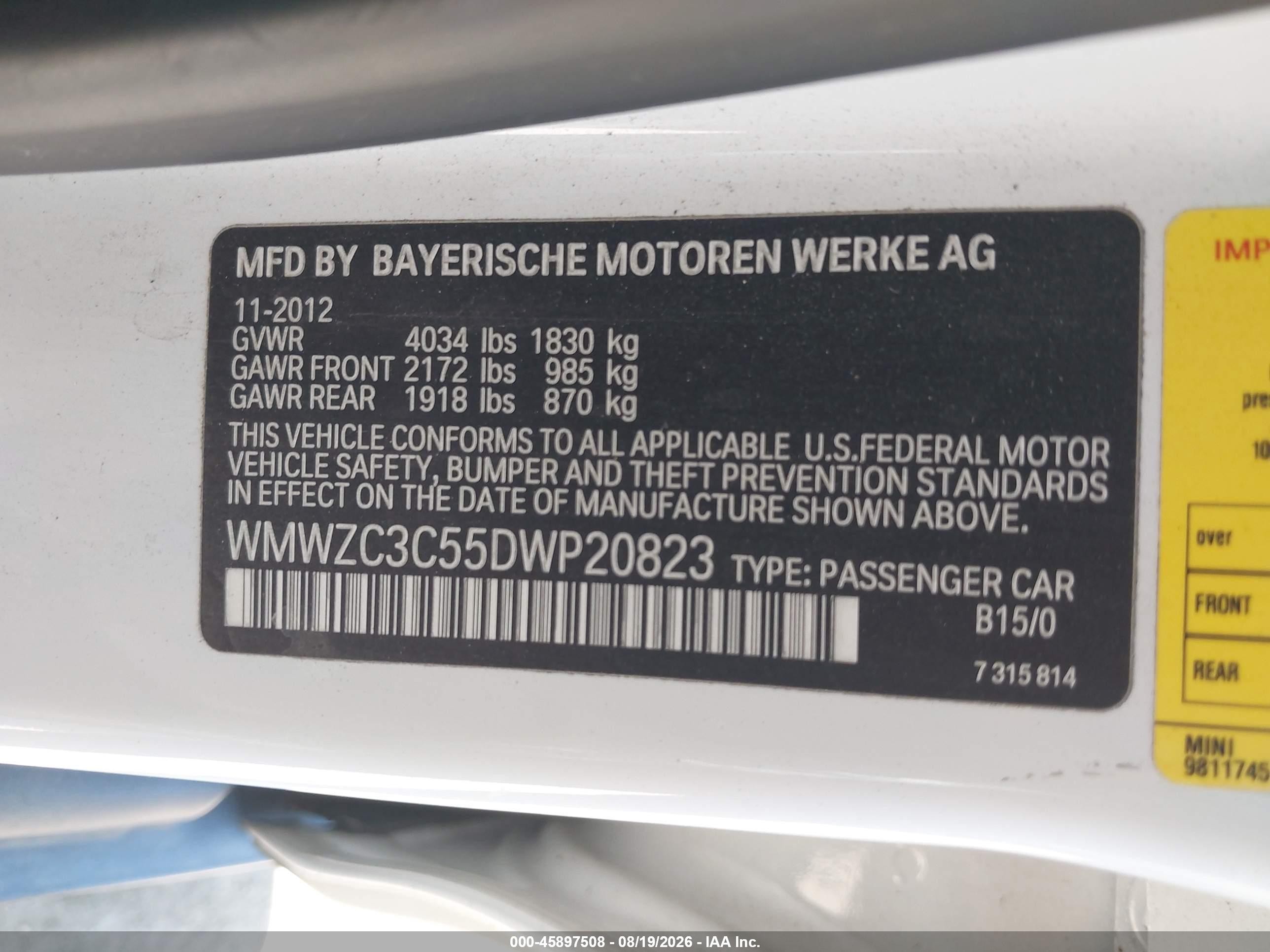 2013 Mini Countryman VIN WMWZC3C55DWP20823 IAAI salvage auction — Front End, Salvage (California), sold $1,550 on 2026-09-13 (photo 9)
