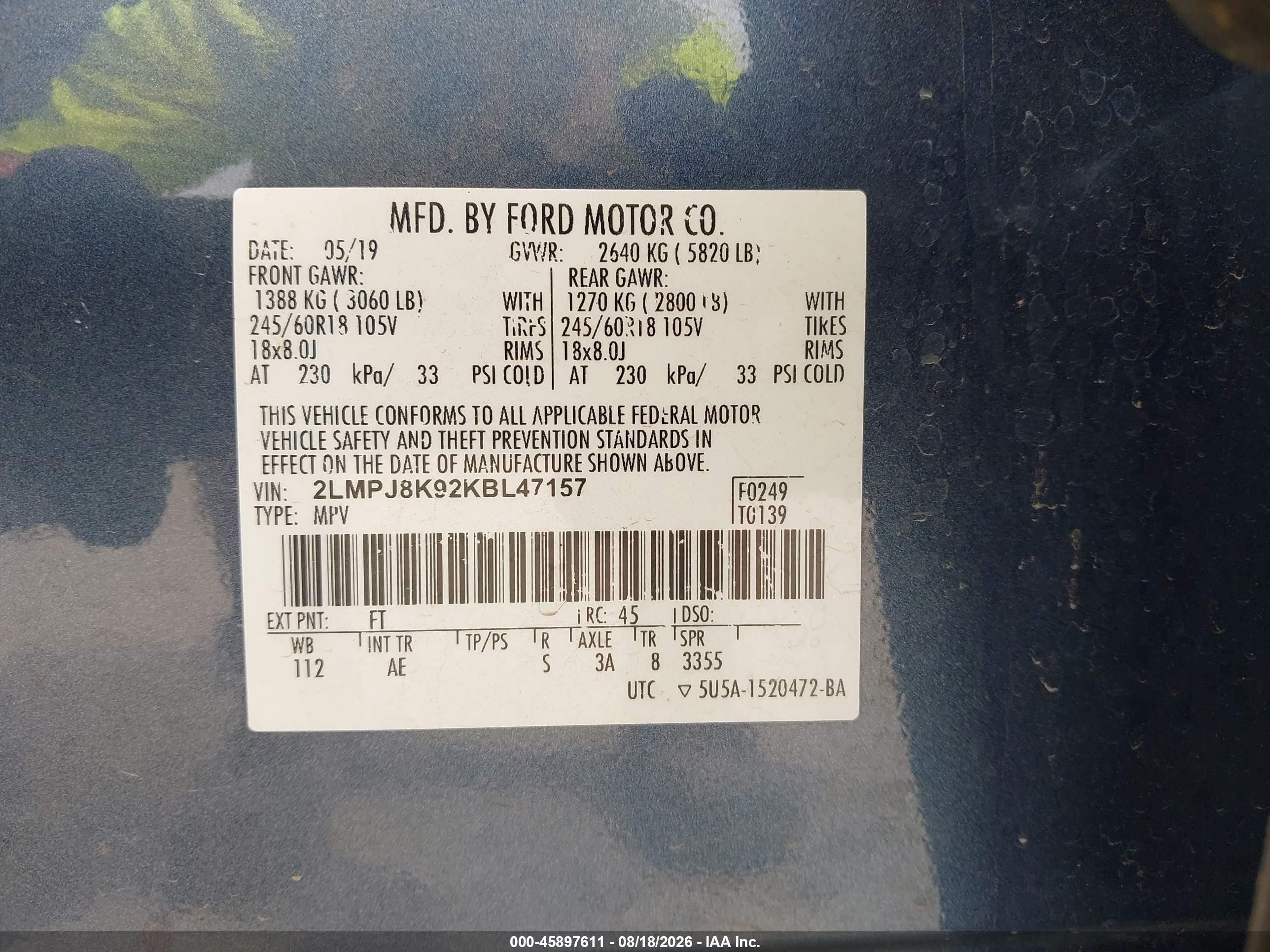 2019 Lincoln Nautilus VIN 2LMPJ8K92KBL47157 IAAI salvage auction — Front End, Clear (Michigan), sold $4,900 on 2026-09-19 (photo 9)