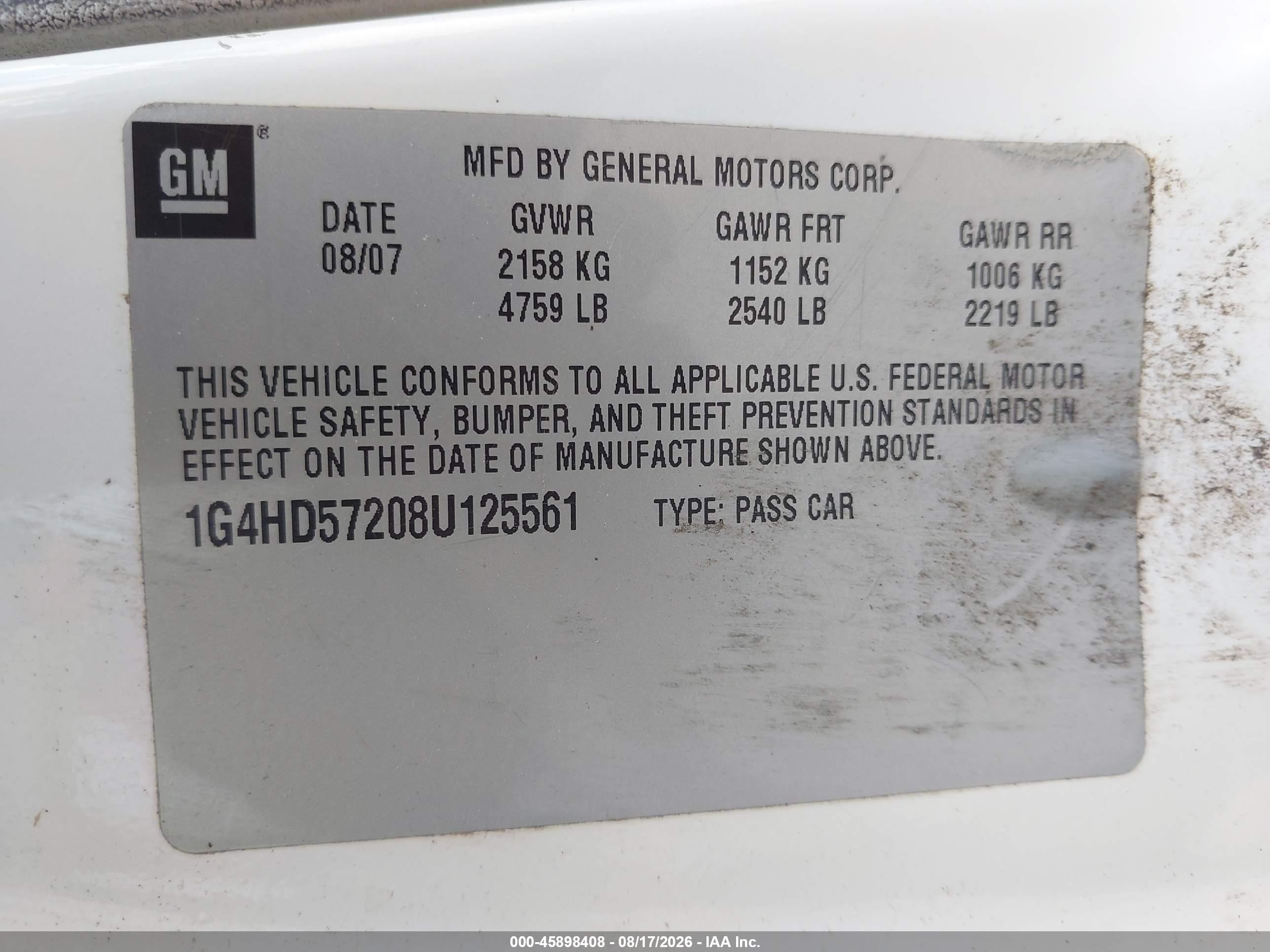 2008 Buick Lucerne VIN 1G4HD57208U125561 IAAI salvage auction — Front End, Wait Title, sold $575 on 2026-09-21 (photo 9)