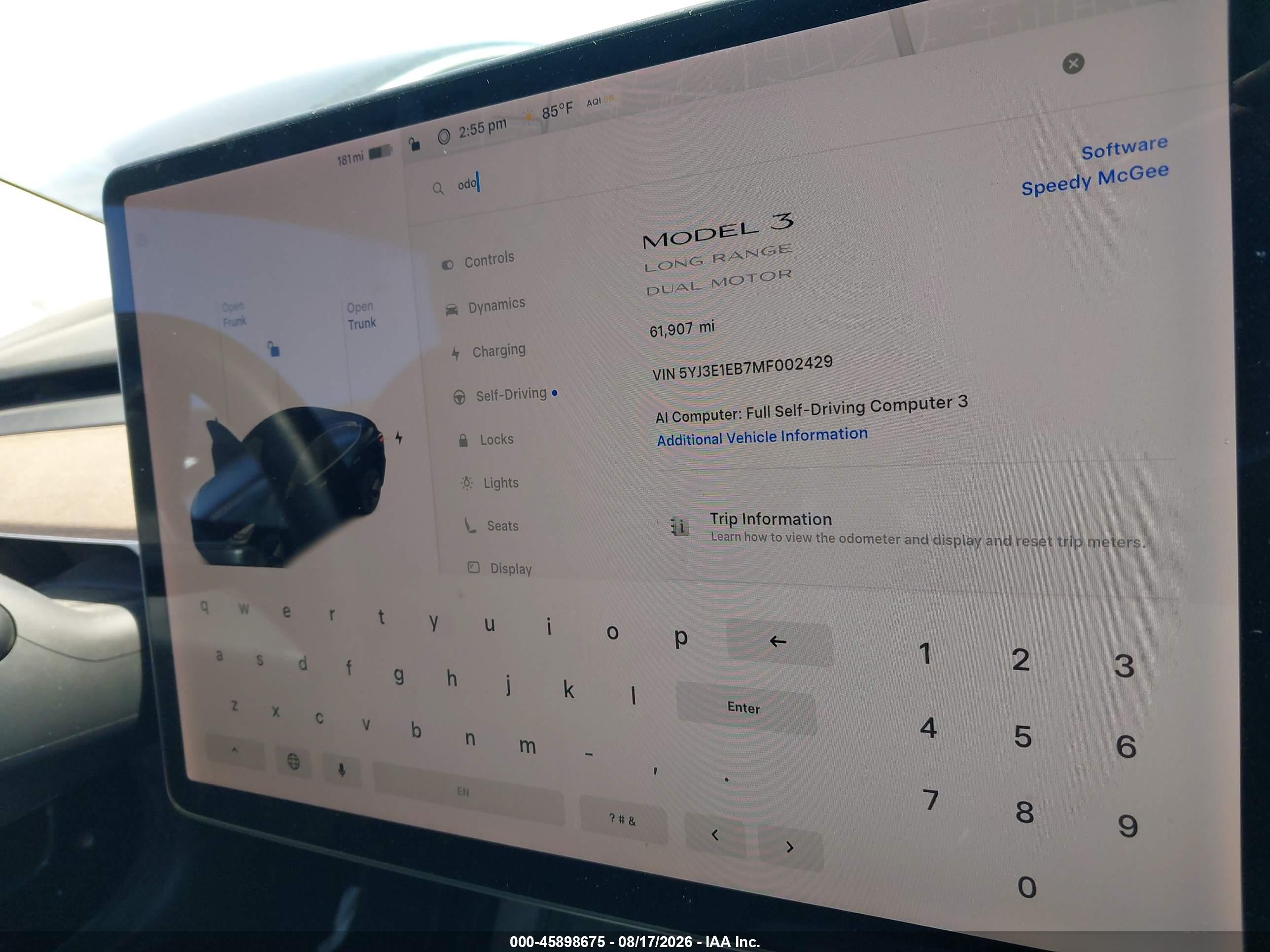 2021 Tesla Model 3 VIN 5YJ3E1EB7MF002429 IAAI salvage auction — Side, Salvage Certificate (California), sold $7,600 on 2026-09-19 (photo 7)