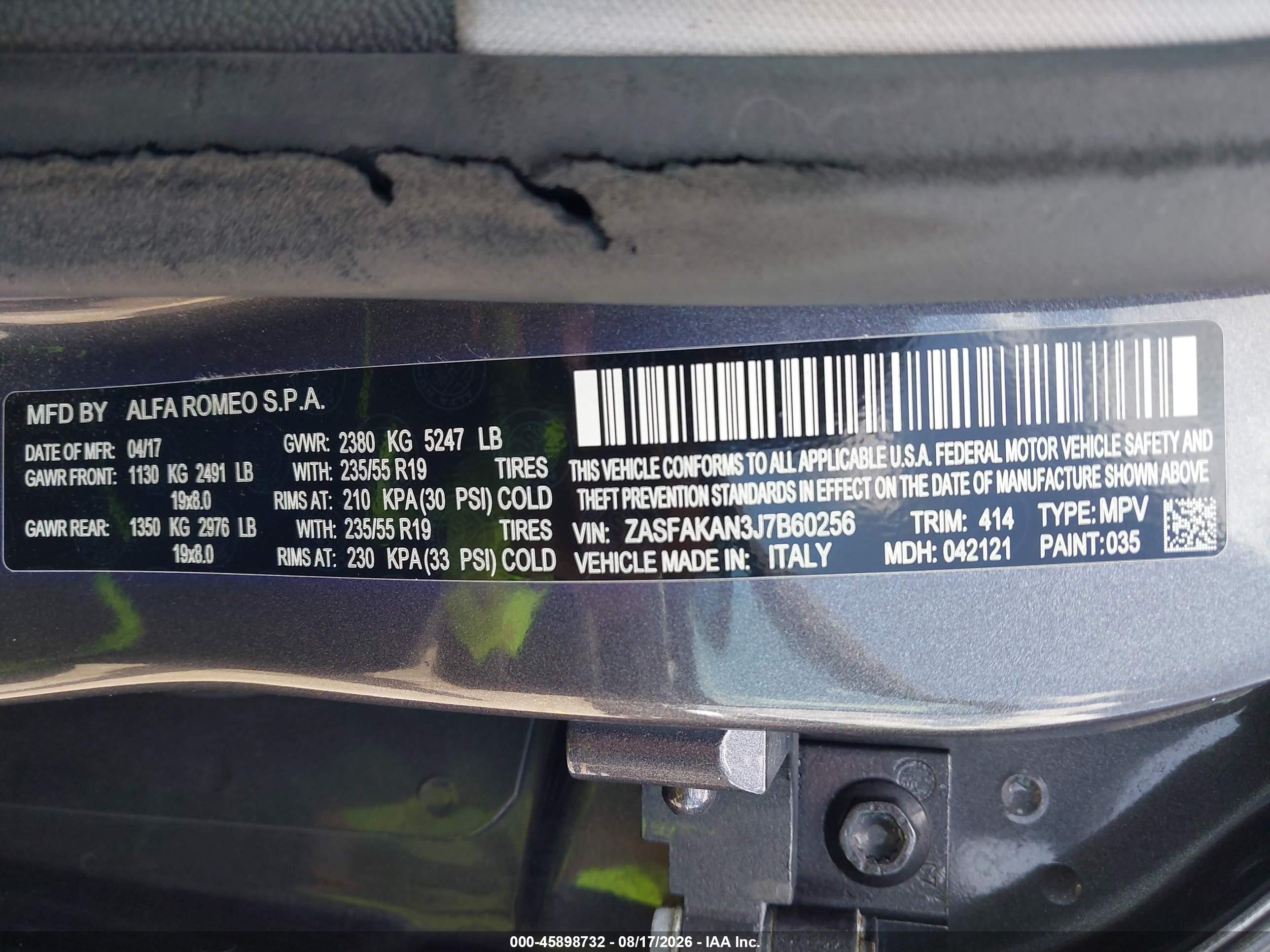 2018 Alfa romeo Stelvio VIN ZASFAKAN3J7B60256 IAAI salvage auction — Rear End, Rebuildable (Florida), sold $4,100 on 2026-09-08 (photo 9)