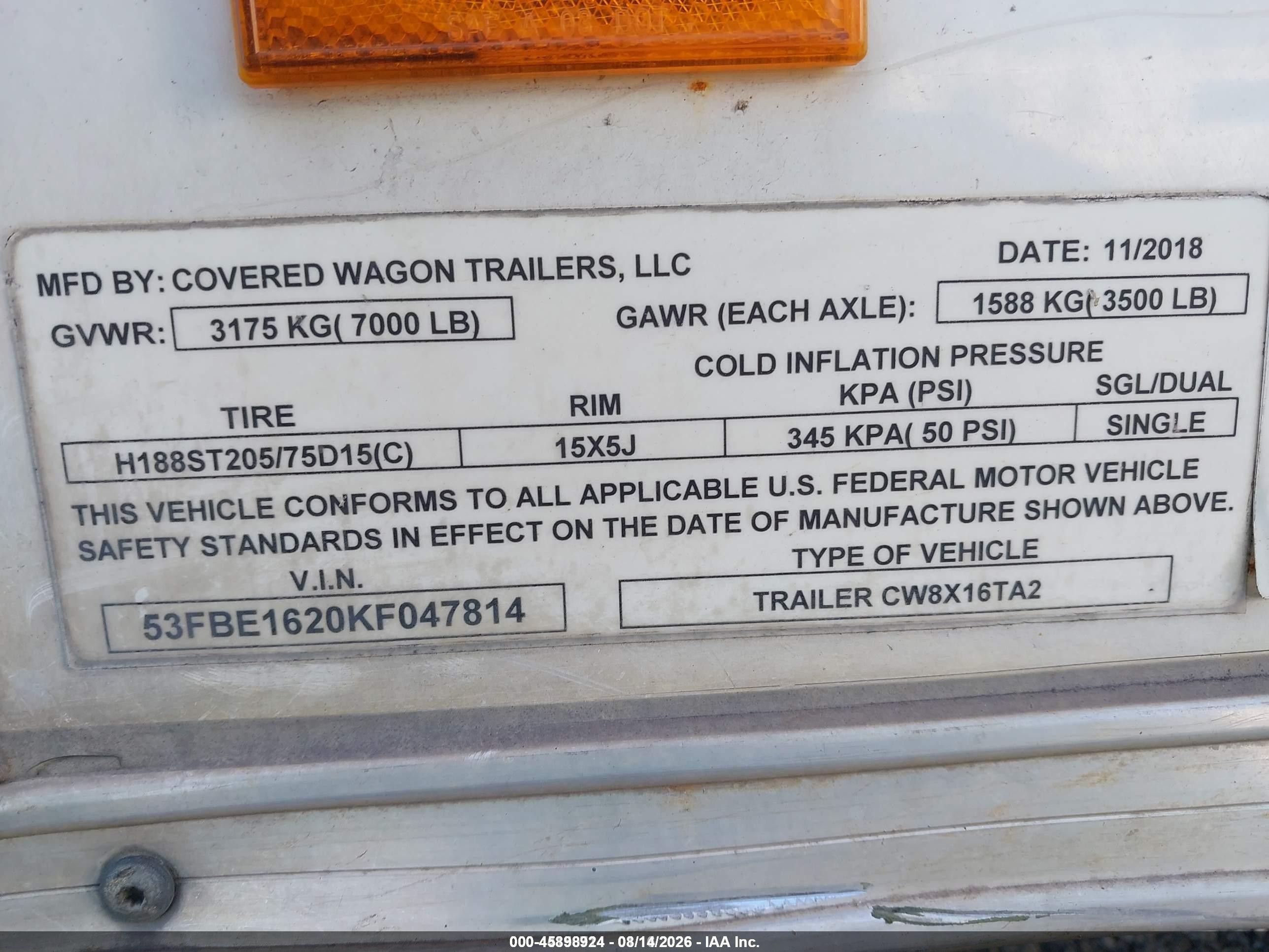 2019 Other Trailer VIN 53FBE1620KF047814 IAAI salvage auction — Rear End, Rebuildable (Florida), sold $25 on 2026-09-21 (photo 9)