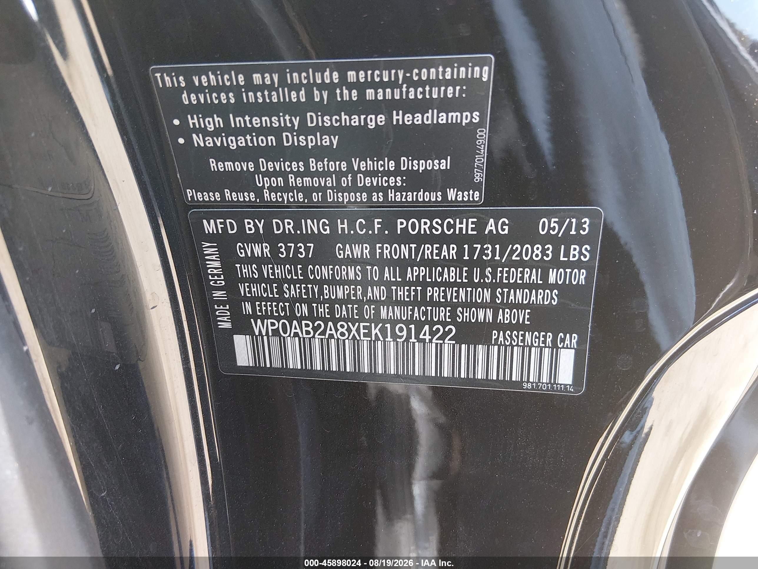 2014 Porsche Cayman VIN WP0AB2A8XEK191422 IAAI salvage auction — Front End, Salvage (California), sold $18,800 on 2026-09-26 (photo 9)